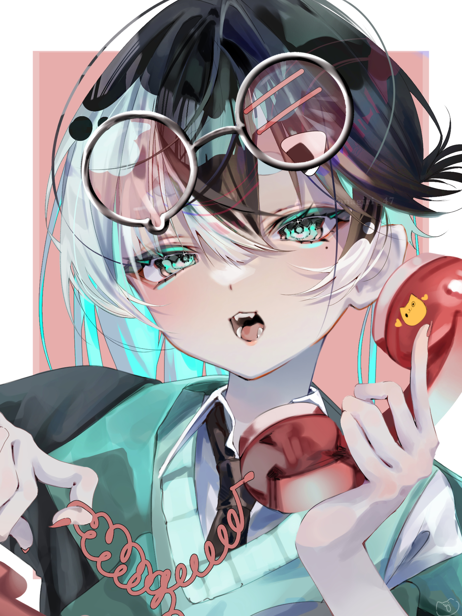 original, commentary, highres, 1girl, black hair, black necktie, border, collared shirt, corded phone, double-parted bangs, green eyes, green sweater, hair between eyes, holding, holding phone, looking at viewer, multicolored hair, necktie, open mouth, outside border, phone, portrait, red background, shirt, solo, split-color hair, sweater, two-tone hair, white border, white hair, white shirt, yonagiri 47