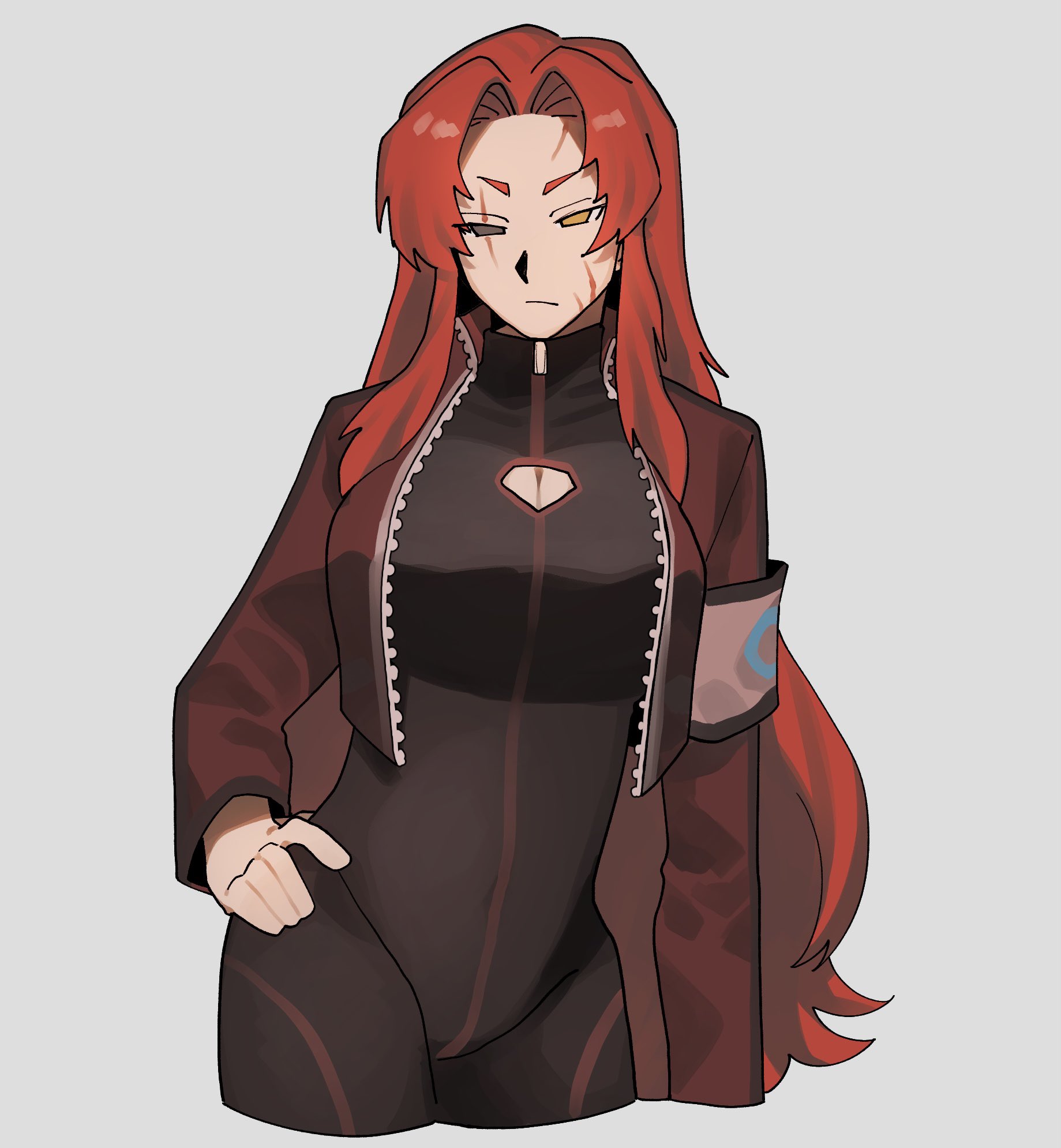 11230kingyo, gebura (project moon), lobotomy corporation, project moon, highres, armband, breasts, cleavage, cleavage cutout, closed mouth, clothing cutout, cowboy shot, grey background, hand on own hip, heterochromia, jacket, long hair, looking at viewer, parted bangs, red armband, red hair, red jacket, scar, scar on face, sidelocks, simple background, very long hair, zipper