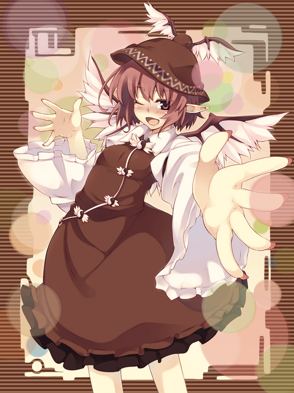 soine, mystia lorelei, touhou, 1girl, blush, dress, female focus, fingernails, frills, hat, long fingernails, nail (hardware), one eye closed, open mouth, pink eyes, pink hair, pointy ears, short hair, solo, wings, wink