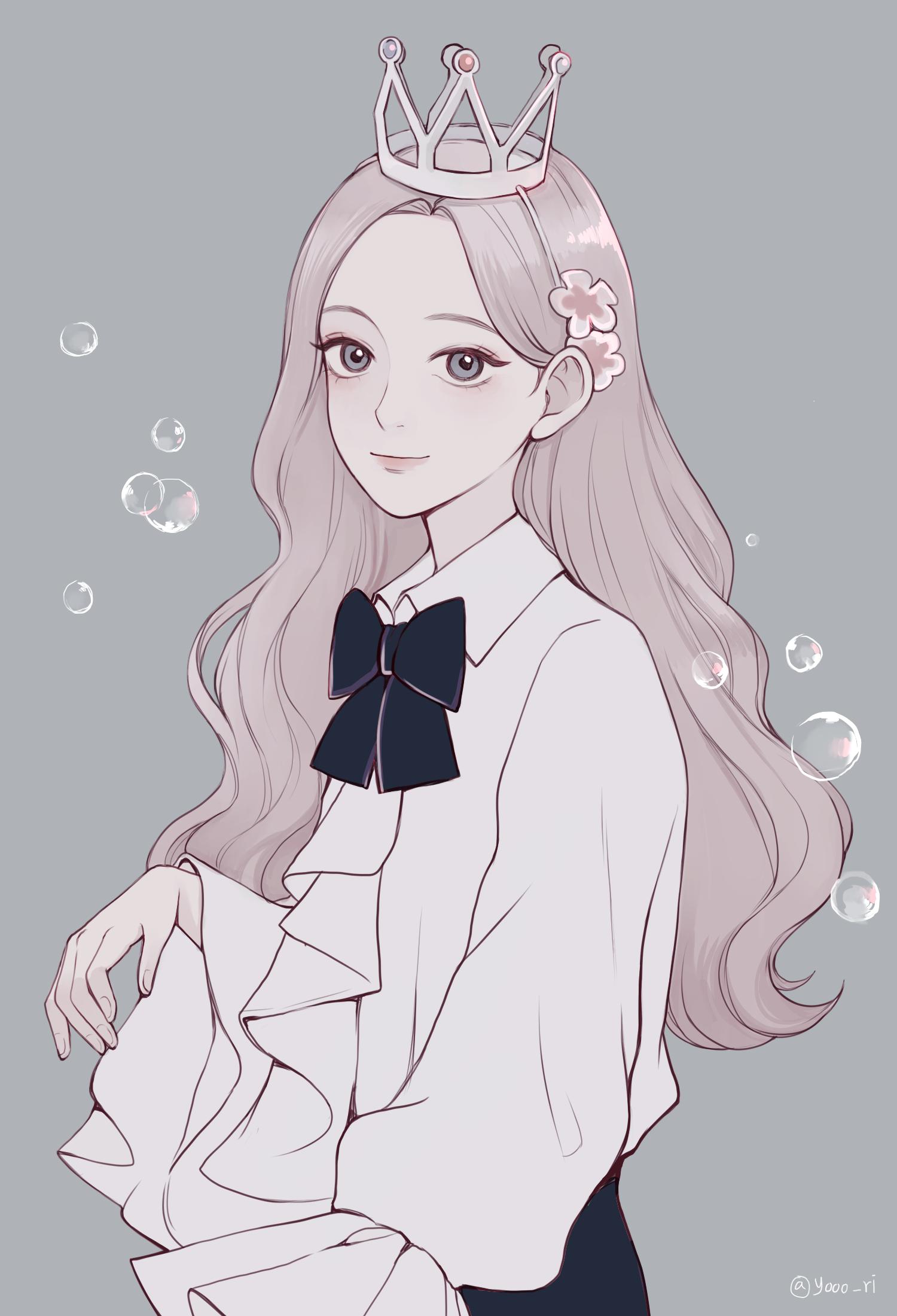 yori (yooo ri), go won, loona (group), real life, commentary, highres, korean commentary, 1girl, blonde hair, bubble, closed mouth, collared shirt, crown, flower, hair behind ear, hair flower, hair ornament, k-pop, long hair, profile, shirt, simple background, smile, solo, twitter username, upper body, white shirt