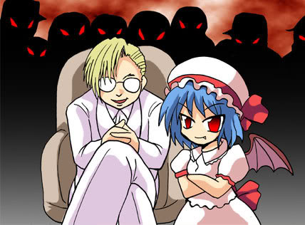 colonel aki, major (hellsing), remilia scarlet, hellsing, touhou, lowres, bat wings, blonde hair, crossover, glasses, gloves, red eyes, short hair, wings