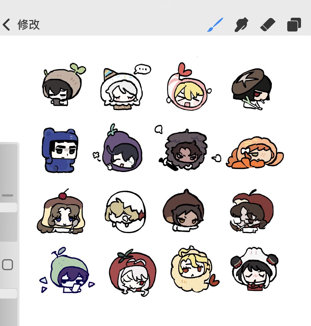 don quixote (project moon), faust (project moon), gregor (project moon), heathcliff (project moon), hong lu (project moon), ishmael (project moon), jia xichun (project moon), meursault (project moon), outis (project moon), rodion (project moon), ryoshu (project moon), sancho (project moon), sinclair (project moon), yi sang (project moon), limbus company, project moon, 6+boys, 6+girls, :<, ahoge, animal costume, bear costume, brown hair, chibi, dumpling, eggplant, eggshell, food, green eyes, ice cream, la manchaland's don quixote (project moon), multiple boys, multiple girls, mushroom, one eye closed, orange hair, potato, pudding, sang yi (project moon), sha bu mingbai, shiitake, shrimp, shrimp tempura, tempura, tentacles, tomato