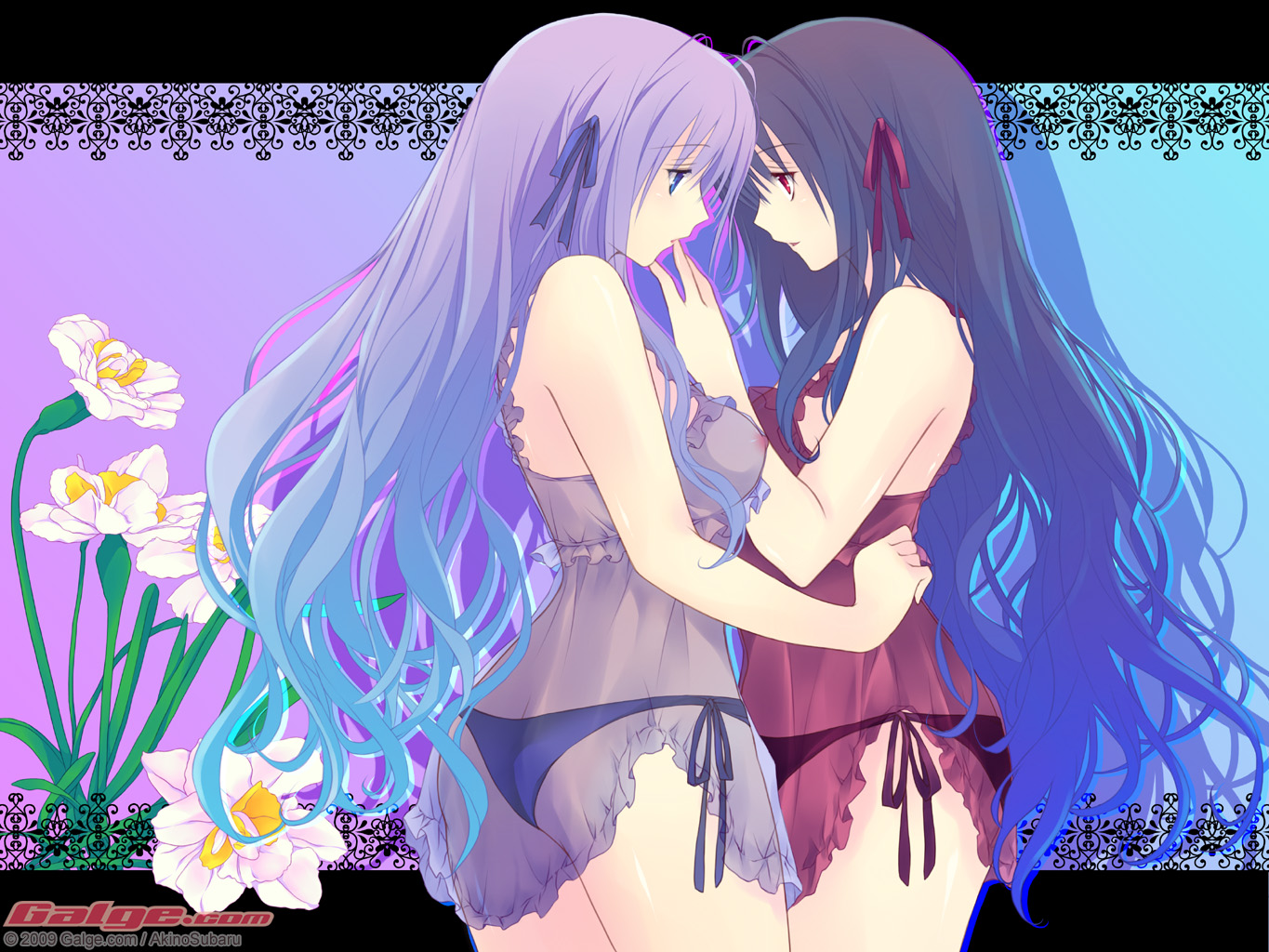 akino subaru, galge.com, 2009, 2girls, bare shoulders, blue eyes, breasts, flower, large breasts, lingerie, long hair, multiple girls, nipples, panties, purple hair, red eyes, side-tie panties, underwear, yuri