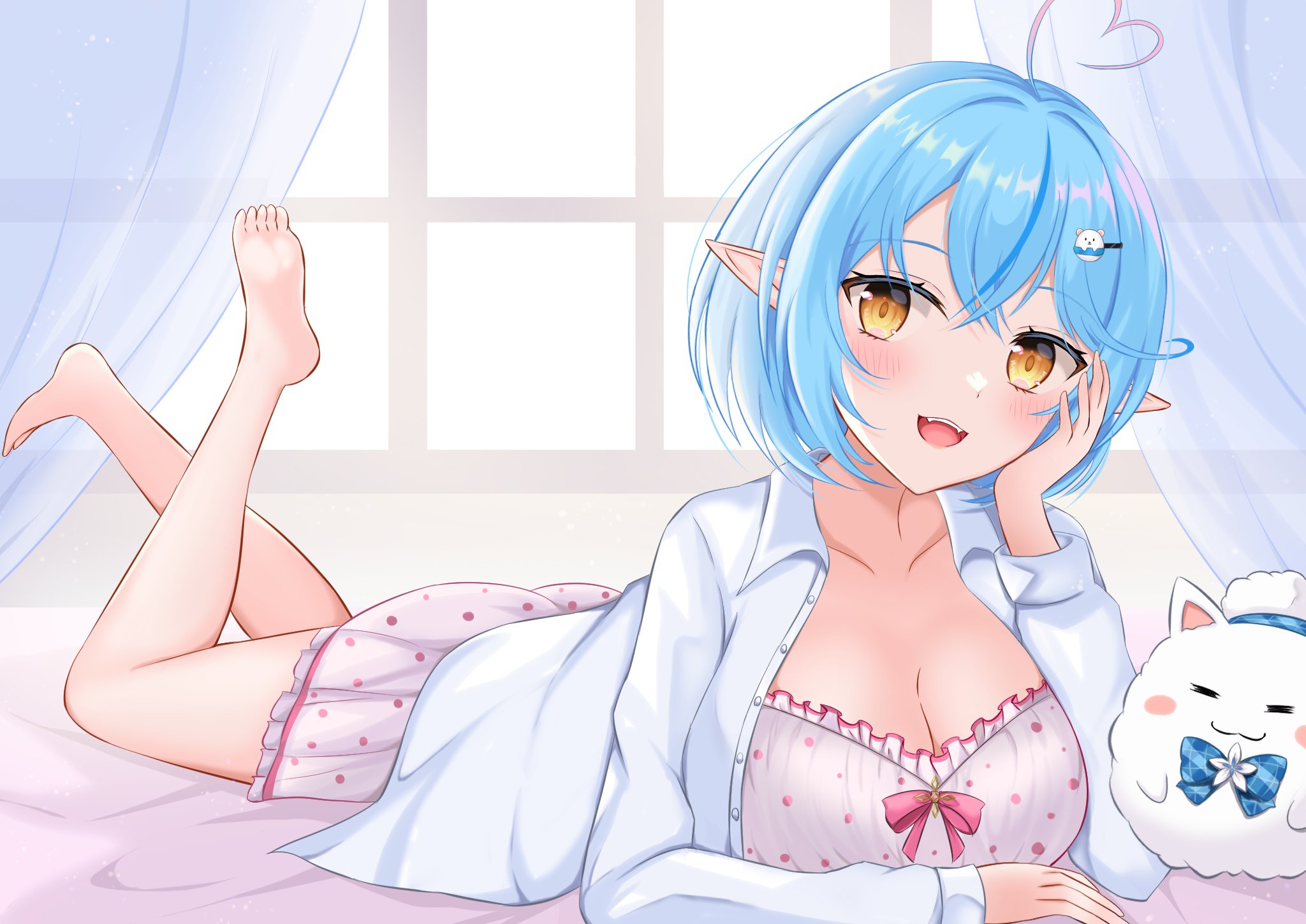arlonn, yukihana lamy, yukihana lamy (roomwear), yukimin (yukihana lamy), hololive, commentary request, highres, 1girl, ahoge, bare shoulders, barefoot, bed, blue hair, blush, breasts, camisole, collarbone, collared shirt, elf, full body, hair between eyes, hair ornament, hand on own cheek, hand on own face, heart, heart ahoge, large breasts, long hair, looking at viewer, lying, navel, official alternate costume, on stomach, open clothes, open mouth, open shirt, pink trim, pointy ears, polka dot, polka dot camisole, polka dot skirt, shirt, short hair, skirt, sleepwear, smile, solo, very long hair, virtual youtuber, white camisole, white shirt, white skirt, yellow eyes