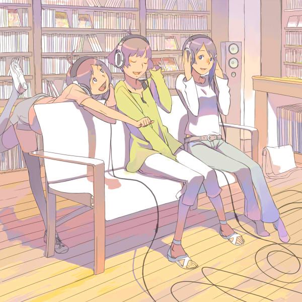 purimari, akizuki ryo, hidaka ai, mizutani eri, idolmaster, idolmaster dearly stars, 00s, ahoge, antenna hair, bag, belt, bent over, blue eyes, blue hair, book, bookshelf, brown eyes, brown hair, cable, casual, chair, closed eyes, crossdressing, denim, hair ornament, hairclip, headphones, high heels, leaning forward, open mouth, sandals, shoes, short hair, sitting, skirt, smile, sneakers, speaker, thighhighs, trap, wooden floor