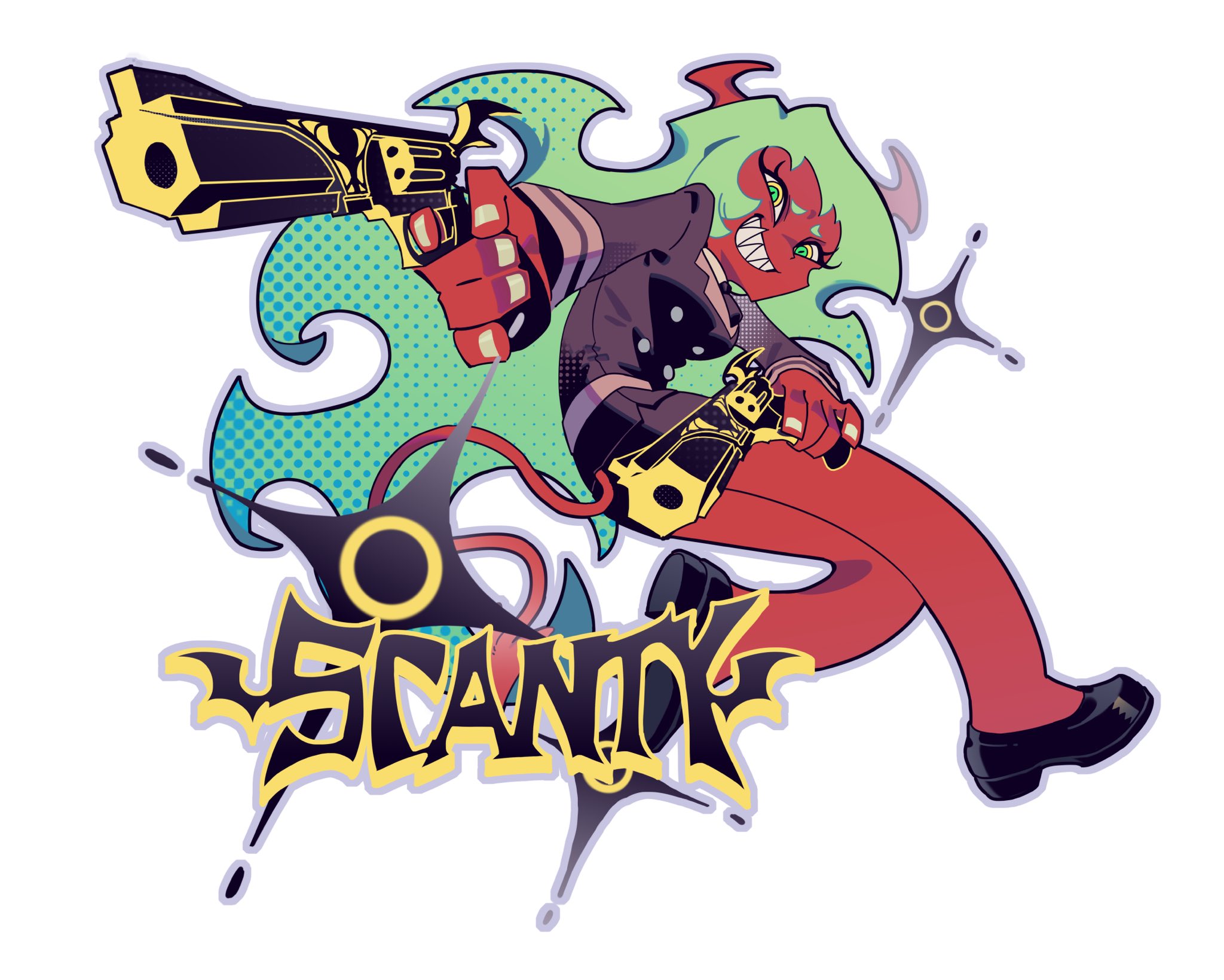silcifer, scanty (psg), panty & stocking with garterbelt, highres, 1girl, aiming, black jacket, black shoes, blazer, character name, colored skin, contrast lapels, crazy smile, demon, demon horns, double gold lacytanga (psg), green hair, green pupils, gun, halftone, handgun, horns, jacket, lapels, looking at viewer, narrowed eyes, official style, panty & stocking with garterbelt (style), pencil skirt, red skin, revolver, sharp teeth, shoes, short eyebrows, simple background, skirt, slit pupils, smile, solo, teeth, weapon, white background, white nails, yellow eyes