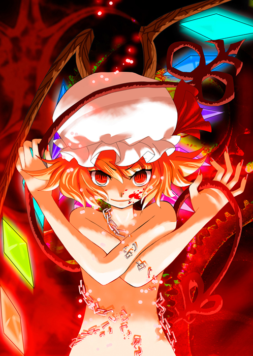 orangec, flandre scarlet, embodiment of scarlet devil, touhou, bad id, bad pixiv id, 1girl, blonde hair, blood, chain, female focus, glowing, hat, laevatein, nail polish, nude, red eyes, red nails, short hair, solo, wings, yandere