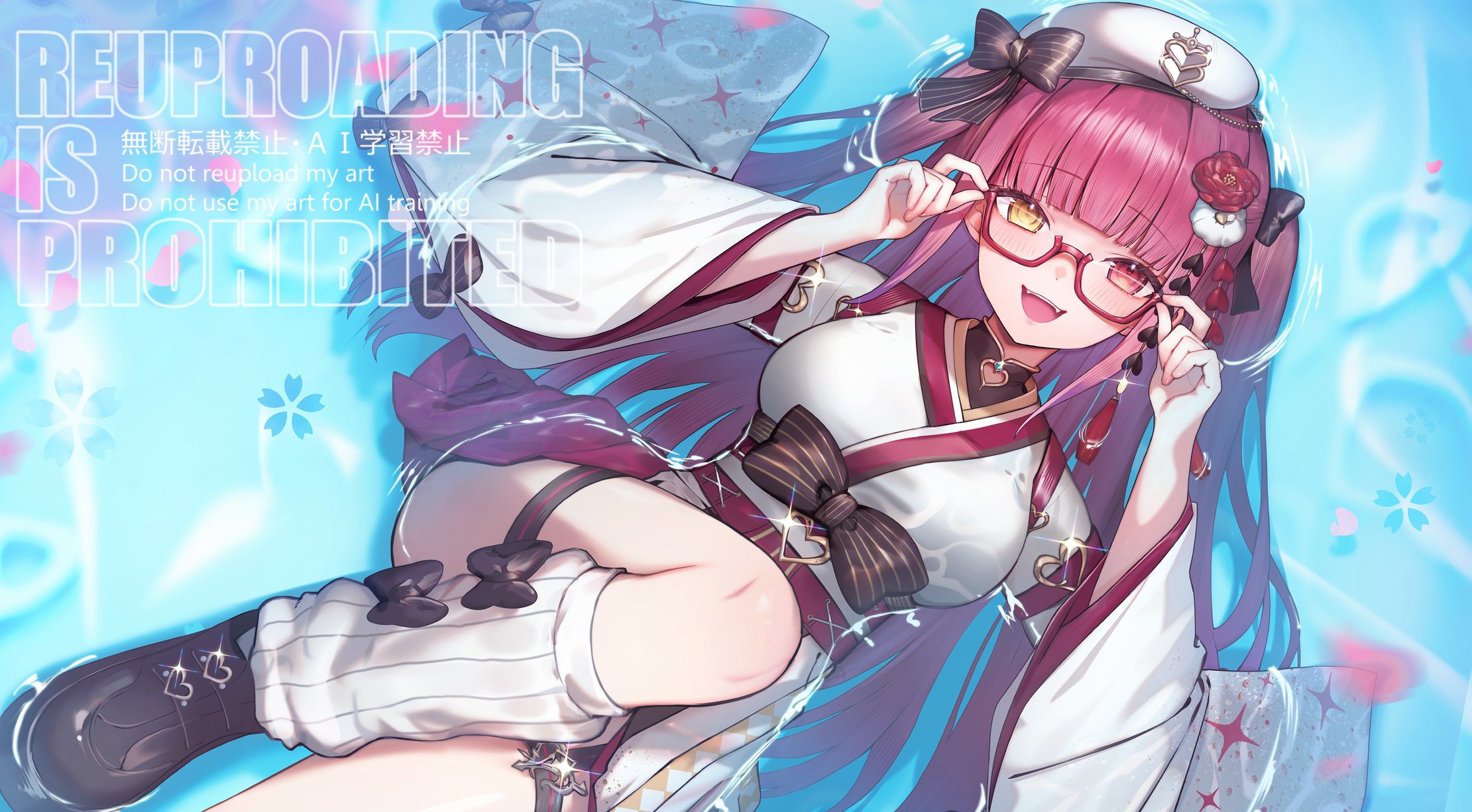 tauta (meshia8787), houshou marine, hololive, highres, 1girl, beret, black shoes, flower, glasses, hair flower, hair ornament, hat, heterochromia, houshou marine (11th costume), japanese clothes, kimono, leg warmers, long hair, looking at viewer, lying, on back, open mouth, red-framed eyewear, red eyes, red hair, shoes, smile, solo, thigh strap, very long hair, virtual youtuber, wading, white hat, white kimono, white leg warmers, yellow eyes