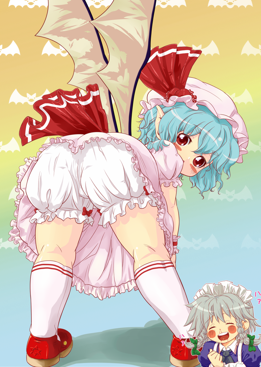 mayo, mayo (inumayo), izayoi sakuya, remilia scarlet, touhou, 2girls, ass, bat (animal), bat wings, blood, bloomers, blue hair, blush, braid, child, closed eyes, dress, female focus, frills, from behind, grey hair, hair ribbon, hat, kneehighs, looking back, maid, maid headdress, multiple girls, nosebleed, pointy ears, red eyes, ribbon, shadow, short hair, socks, twin braids, underwear, wings