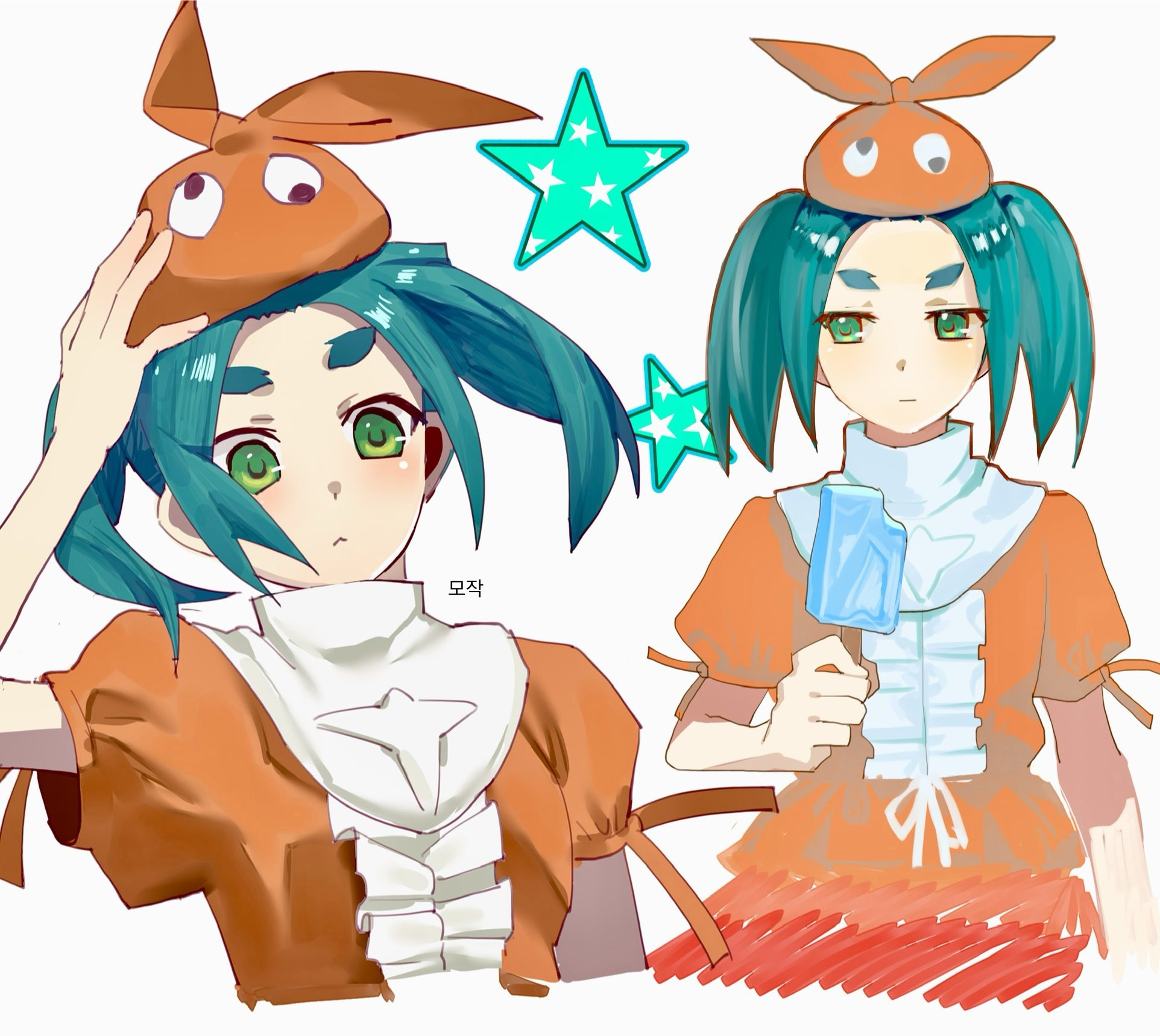 rice balls1234, ononoki yotsugi, monogatari (series), hashtag-only commentary, highres, 1girl, closed mouth, cropped torso, dress, food, green eyes, green hair, hat, holding, holding food, holding popsicle, multiple views, orange dress, orange hat, popsicle, short hair, short sleeves, sidelocks, simple background, star (symbol), thick eyebrows, twintails, white background
