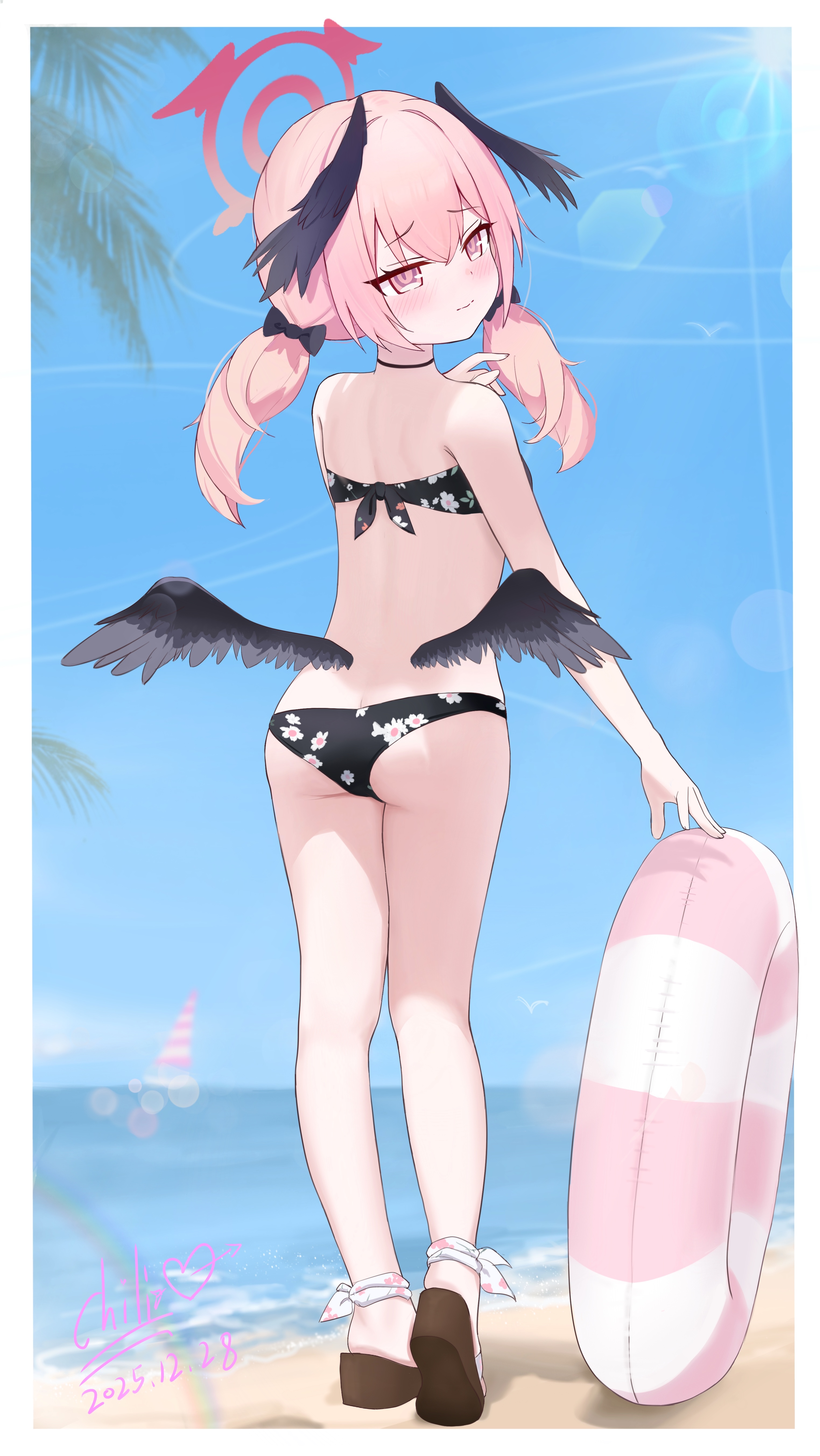 sichuan luo li, koharu (blue archive), koharu (swimsuit) (blue archive), blue archive, absurdres, highres, 1girl, ass, beach, bikini, black bikini, black wings, blue sky, cloud, day, feathered wings, floral print, floral print bikini, from behind, full body, halo, head wings, horizon, innertube, long hair, looking at viewer, looking back, low twintails, low wings, ocean, official alternate costume, outdoors, pink eyes, pink hair, pink halo, print bikini, sky, solo, swim ring, swimsuit, twintails, wings
