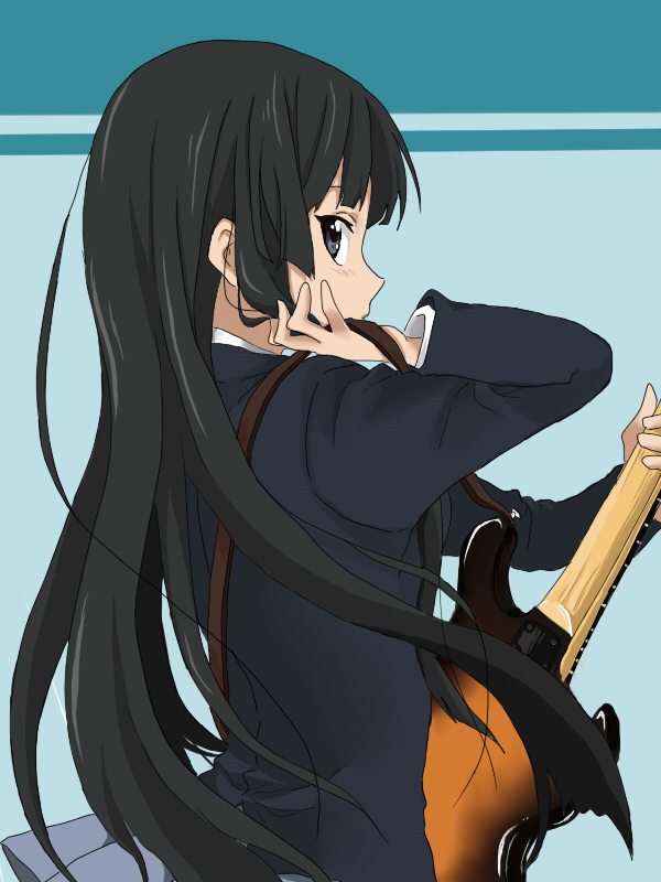 e-n, akiyama mio, k-on!, bad id, bad pixiv id, 00s, 1girl, bass guitar, black eyes, black hair, blazer, blunt bangs, female focus, hime cut, instrument, jacket, long hair, looking back, school uniform, solo