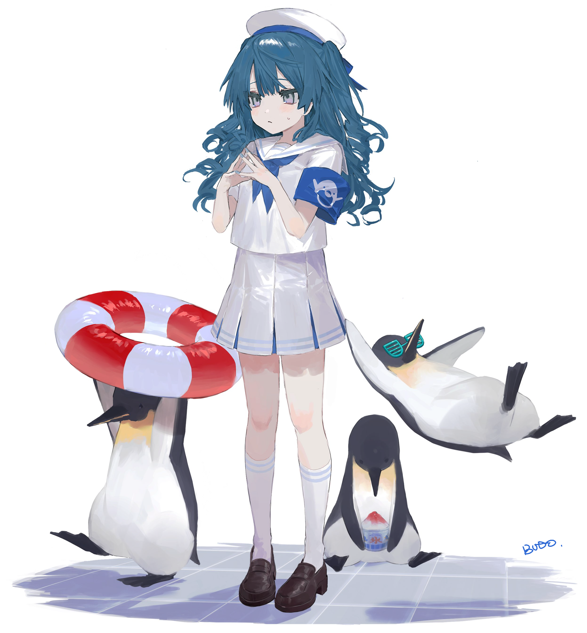 budo (budoboros), original, absurdres, commentary request, highres, 1girl, animal, armband, arms up, bird, blue armband, blue hair, blue skirt, brown shoes, food, full body, hat, holding, innertube, kneehighs, long hair, neckerchief, own hands together, penguin, pleated skirt, sailor collar, sailor hat, shiny clothes, shirt, shoes, skirt, socks, steepled fingers, sunglasses, swim ring, walking, white background, white hat, white sailor collar, white shirt, white socks