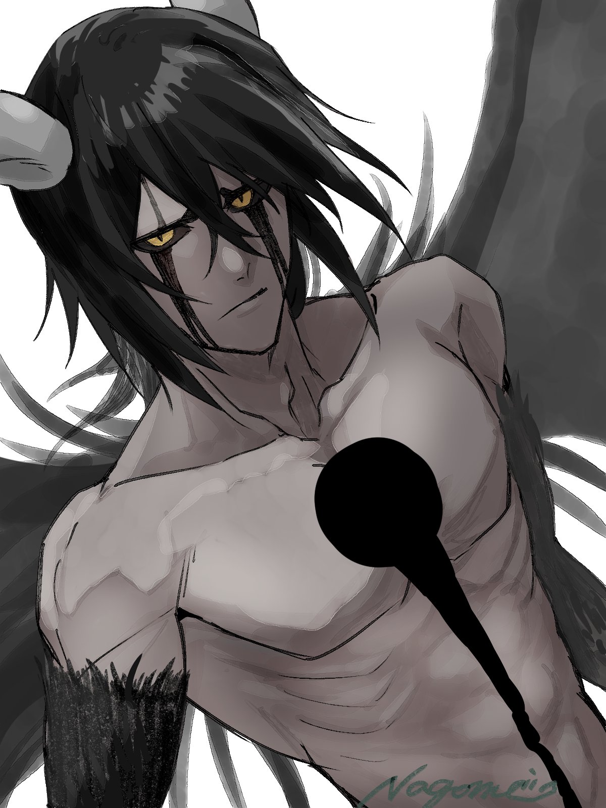 hishui prpr, ulquiorra cifer, bleach, highres, 1boy, abs, arrancar, artist name, black hair, black sclera, closed mouth, collarbone, colored sclera, hair between eyes, hole in chest, hole on body, horns, looking at viewer, male focus, medium hair, pectorals, ribs, simple background, solo, upper body, white background, wings, yellow eyes