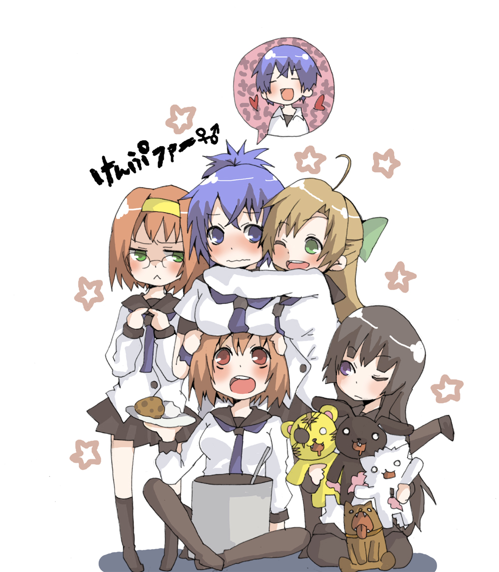 pun2, harakiri tora, kanden yamaneko, kondou mikoto, mishima akane, sakura kaede, sangou shizuku, senou natsuru, seppuku kuro usagi, kampfer, bad id, bad pixiv id, 00s, 5girls, breast rest, breasts, genderswap, genderswap (mtf), hug, medium breasts, multiple girls, one eye closed, school uniform, stuffed animal, stuffed cat, stuffed rabbit, stuffed tiger, stuffed toy, wink