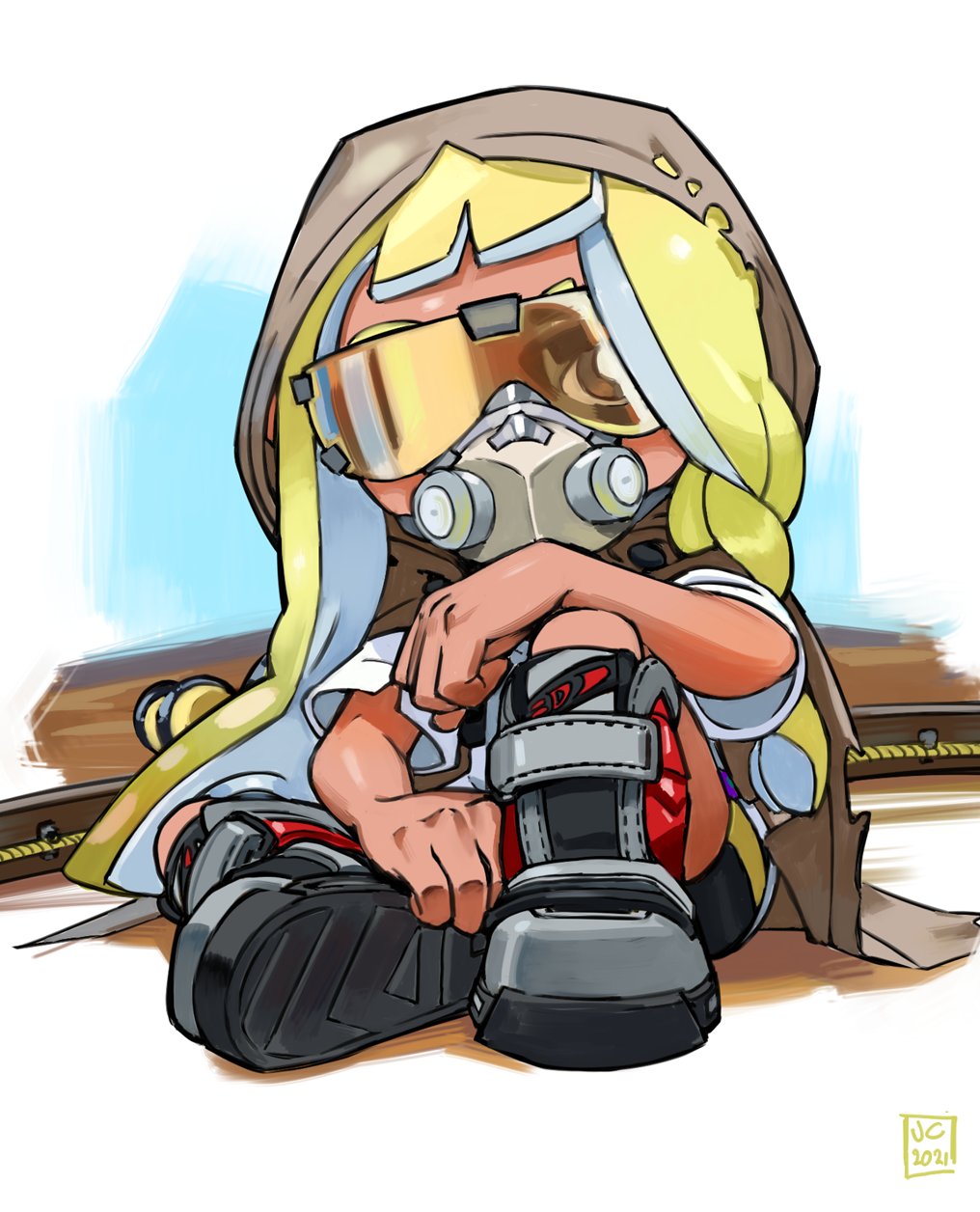 overlord jc, agent 3 (splatoon 3), nintendo, splatoon (series), splatoon 3, highres, 1girl, black shorts, blonde hair, boots, braid, bright pupils, brown cloak, cloak, dark-skinned female, dark skin, full body, grey boots, hood, hooded cloak, long braid, long hair, looking at viewer, mask, nintendo direct, respirator, shirt, short sleeves, shorts, side braid, single braid, sitting, solo, sunglasses, tinted eyewear, torn cloak, torn clothes, white pupils, white shirt, yellow-tinted eyewear
