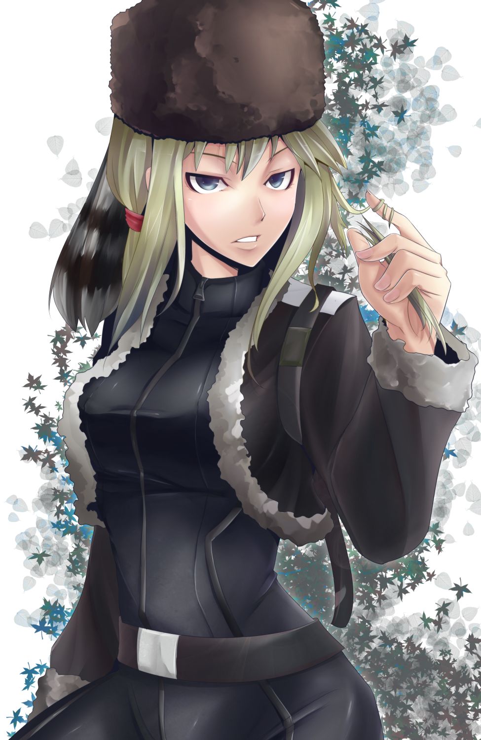 rokushou kokuu, tanya (darker than black), tanya akulova, darker than black, bad id, bad pixiv id, highres, 00s, 1girl, belt, blonde hair, blue eyes, coon hat, female focus, fur hat, hat, jacket, skin tight, solo, spandex