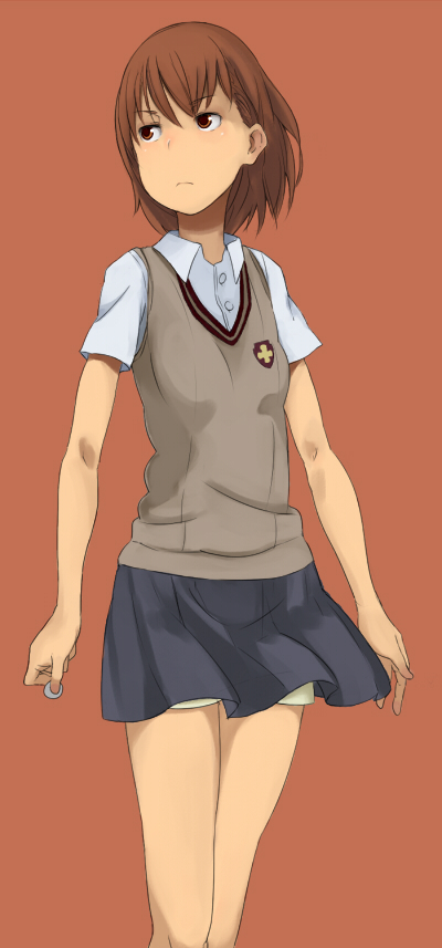 asamoto, misaka mikoto, toaru kagaku no railgun, toaru majutsu no index, bad id, bad pixiv id, 00s, brown hair, coin, school uniform, short hair, skirt, sweater vest