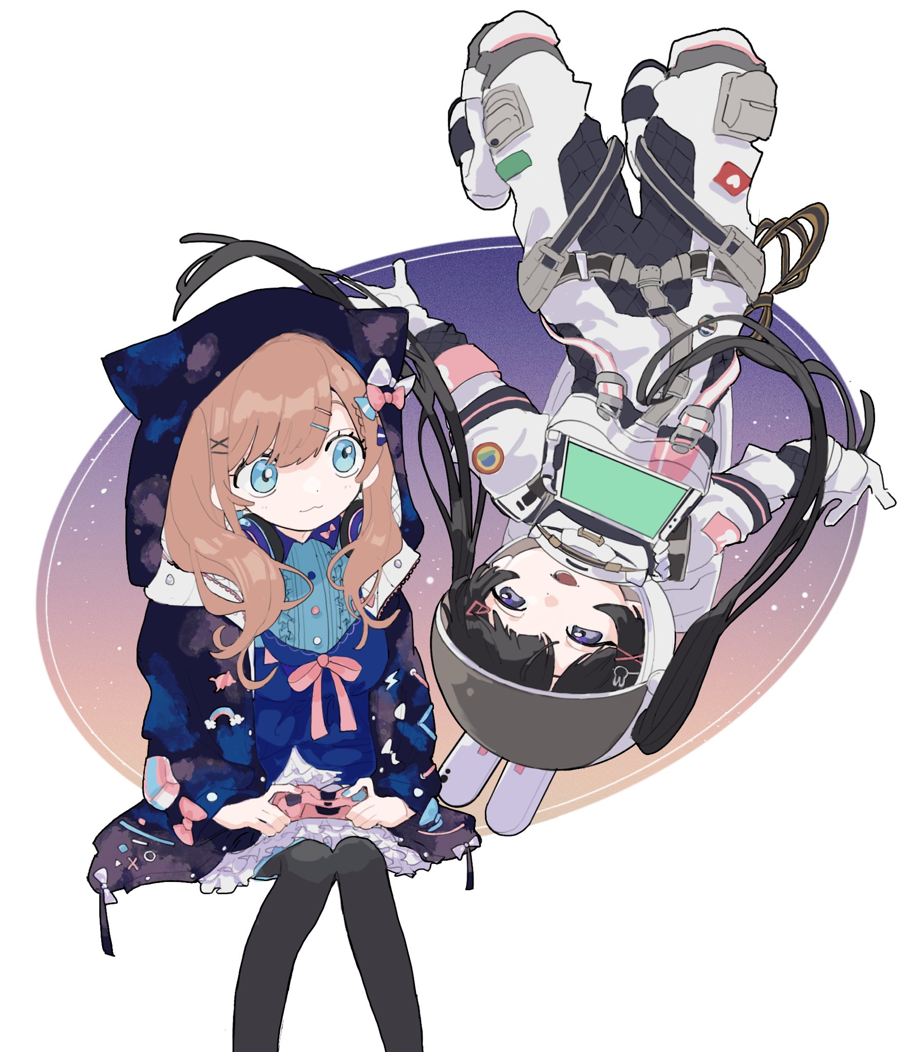 original, commentary request, highres, 2girls, :3, black hair, black pantyhose, blue eyes, blue shirt, brown hair, closed mouth, controller, feet out of frame, game controller, gloves, hair ornament, holding, holding controller, holding game controller, hood, hood up, hooded jacket, jacket, long hair, long sleeves, multiple girls, open clothes, open jacket, open mouth, pantyhose, purple eyes, semoo, shirt, short hair, smile, spacesuit, white gloves, x hair ornament