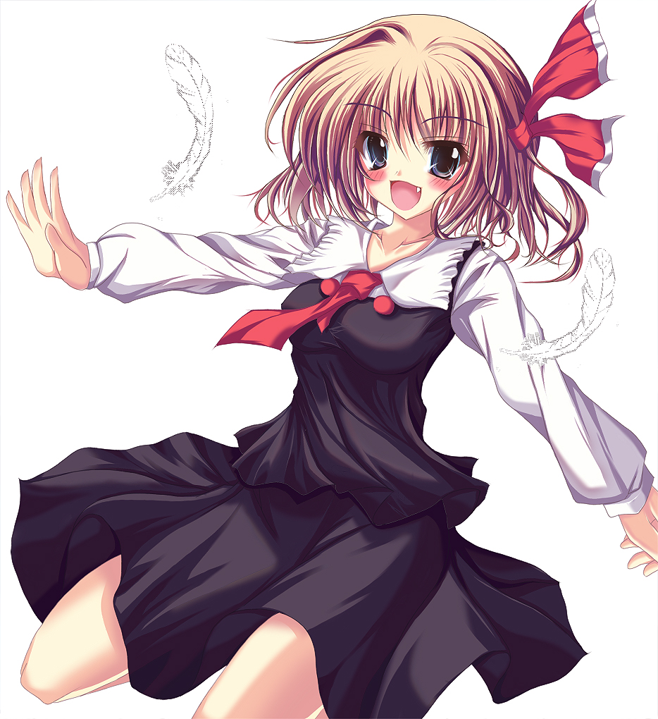 s black, rumia, embodiment of scarlet devil, touhou, 1girl, blonde hair, dress, fang, feathers, female focus, grey eyes, hair ribbon, necktie, open mouth, red eyes, red necktie, ribbon, short hair, smile, solo