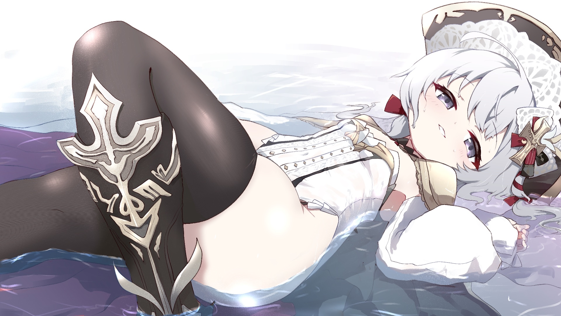 kurosaki kousuke, flandre (azur lane), azur lane, character request, commentary request, copyright request, highres, 1girl, ahoge, black hat, black thighhighs, blue eyes, breasts, detached sleeves, hat, knee up, leotard, long hair, looking at viewer, lying, on back, partially submerged, ribbon, small breasts, smile, solo, strapless, strapless leotard, thighhighs, thighs, twintails, water, white hair, white leotard, white sleeves