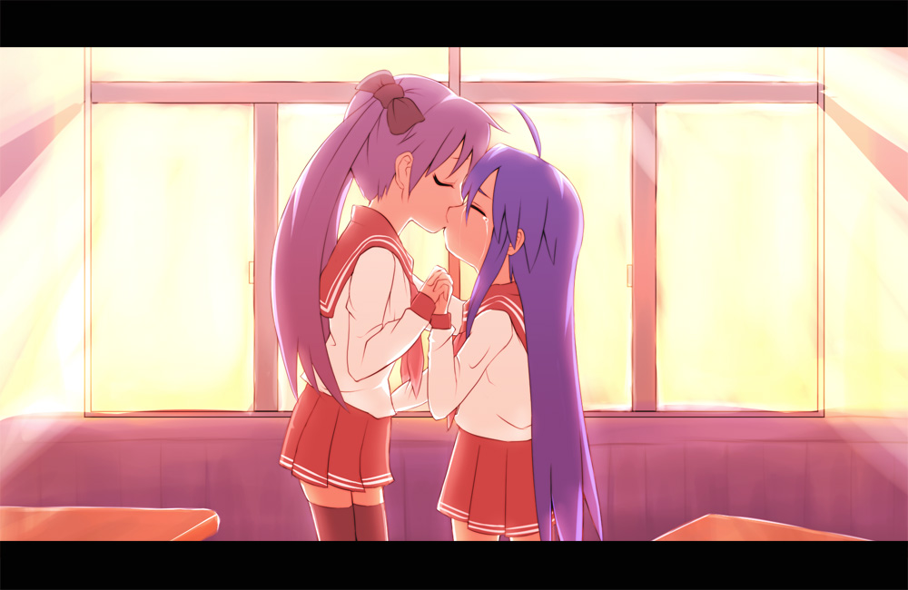 azuse neko, hiiragi kagami, izumi konata, lucky star, black legwear, bad id, bad pixiv id, 00s, 2girls, ahoge, backlighting, blue hair, classroom, closed eyes, female focus, hair ribbon, height difference, holding hands, indoors, interlocked fingers, kiss, long hair, multiple girls, pleated skirt, purple hair, red skirt, ribbon, school, school uniform, serafuku, skirt, tears, thighhighs, twintails, very long hair, window, yuri, zettai ryouiki
