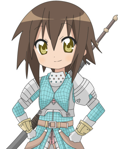 nishisuke, kusakabe misao, capcom, lucky star, monster hunter (series), lowres, 1girl, armor, brown hair, fang, female focus, parody, solo, sword, weapon, yellow eyes