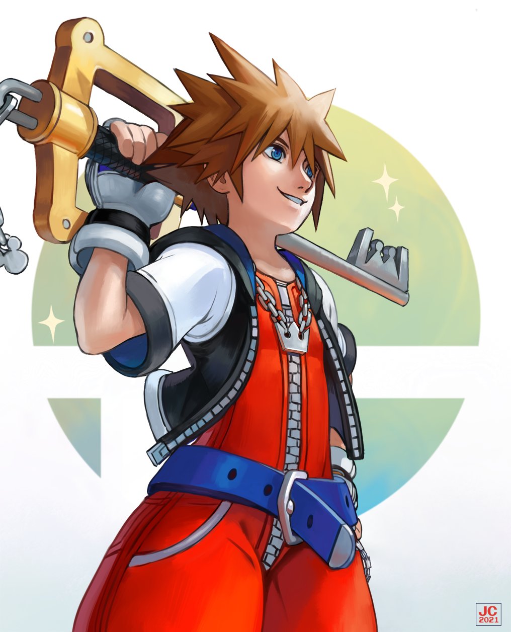 overlord jc, sora (kingdom hearts), kingdom hearts, kingdom hearts i, nintendo, super smash bros., highres, 1boy, 2021, belt, black jacket, blue belt, blue eyes, brown hair, chain, chain necklace, cowboy shot, crown necklace, fingerless gloves, full-length zipper, gloves, grin, hand on own hip, hand up, holding, holding weapon, hood, hood down, hooded jacket, jacket, jewelry, jumpsuit, keyblade, male focus, multicolored jacket, necklace, open clothes, open jacket, over shoulder, parted lips, red jumpsuit, short hair, short jumpsuit, smile, spiked hair, sword, sword over shoulder, two-tone jacket, weapon, weapon over shoulder, white gloves, white jacket, zipper