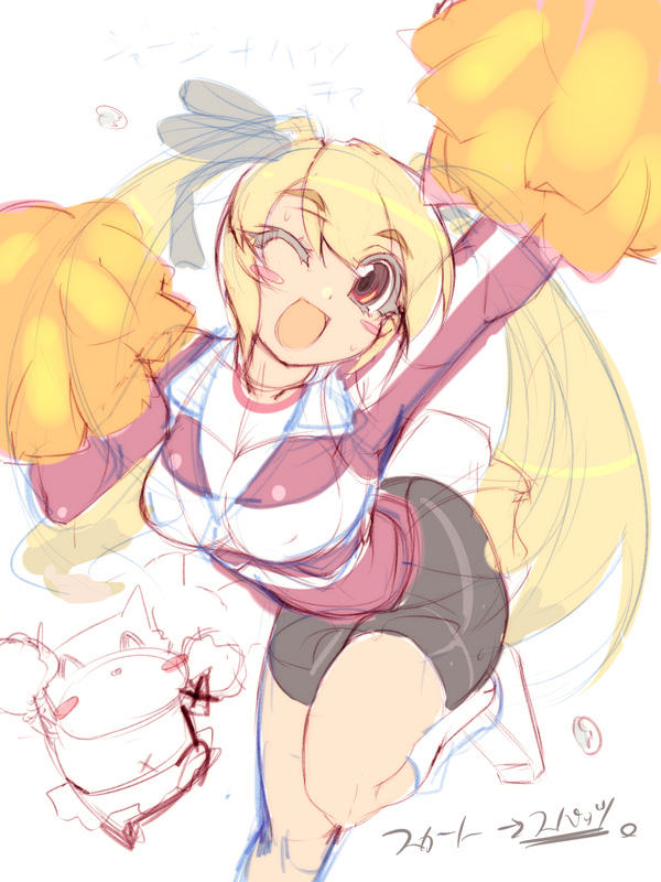 mel/a, melfina bluesky, original, translation request, 1girl, :d, ;d, bike shorts, blonde hair, blush, breasts, cheerleader, female focus, large breasts, oekaki, one eye closed, open mouth, pom pom (cheerleading), red eyes, ribbon, sketch, skirt, smile, solo, standing, standing on one leg, sweater, twintails, wink
