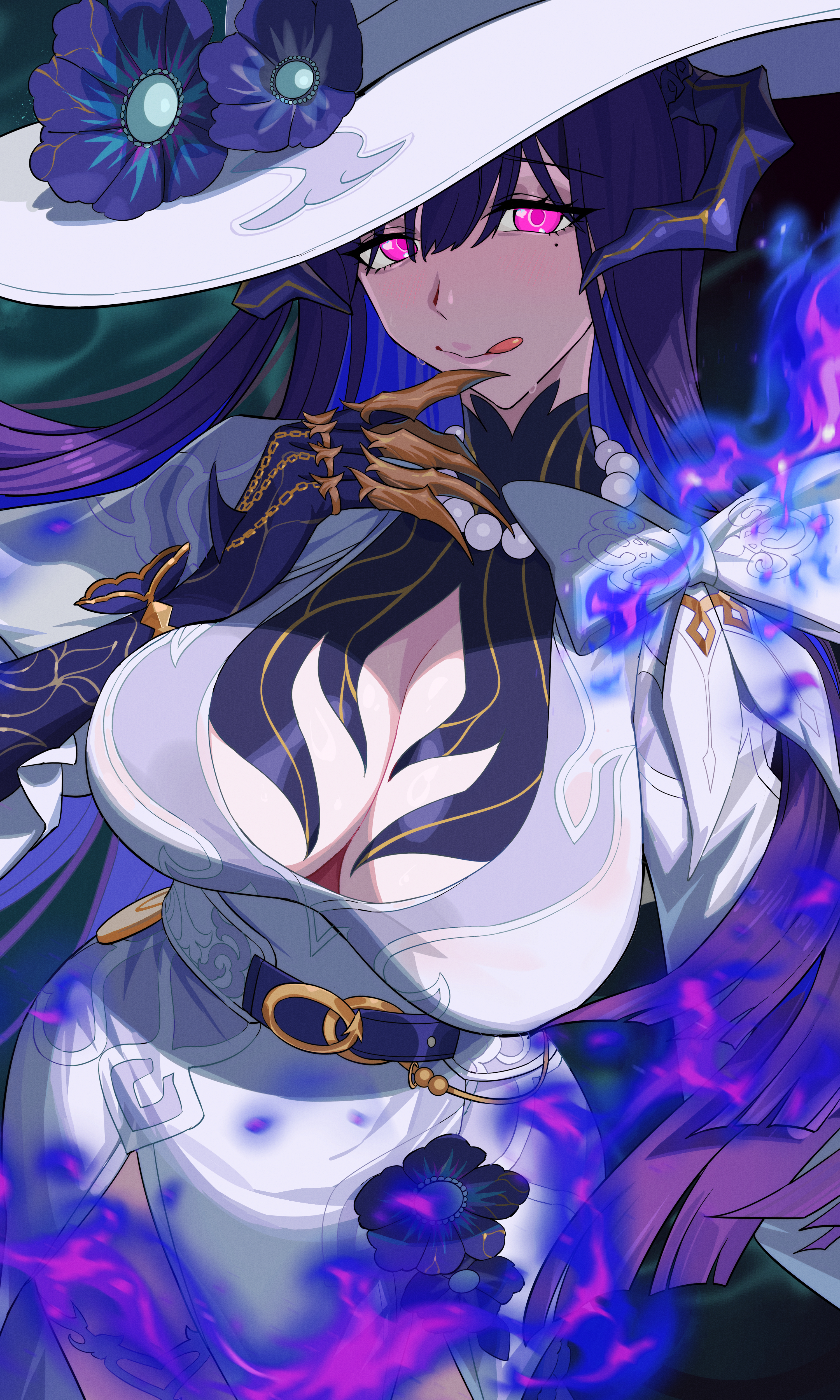 the dahlia (honkai: star rail), honkai: star rail, honkai (series), absurdres, highres, 1girl, black hair, black horns, breasts, claws, cleavage, demon girl, demon horns, dress, fire, hat, horns, large breasts, licking lips, long hair, looking at viewer, mole, mole under eye, purple eyes, purple fire, purple hair, solo, tang ke, tongue, tongue out, very long hair, white dress, white hat