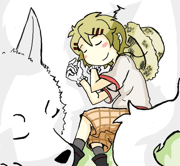finnian, pluto (kuroshitsuji), kuroshitsuji, 00s, blonde hair, blush, blush stickers, closed eyes, dog, gloves, hair ornament, hairclip, hat, male focus, short hair, shorts, sleeping, smile, straw hat, white gloves