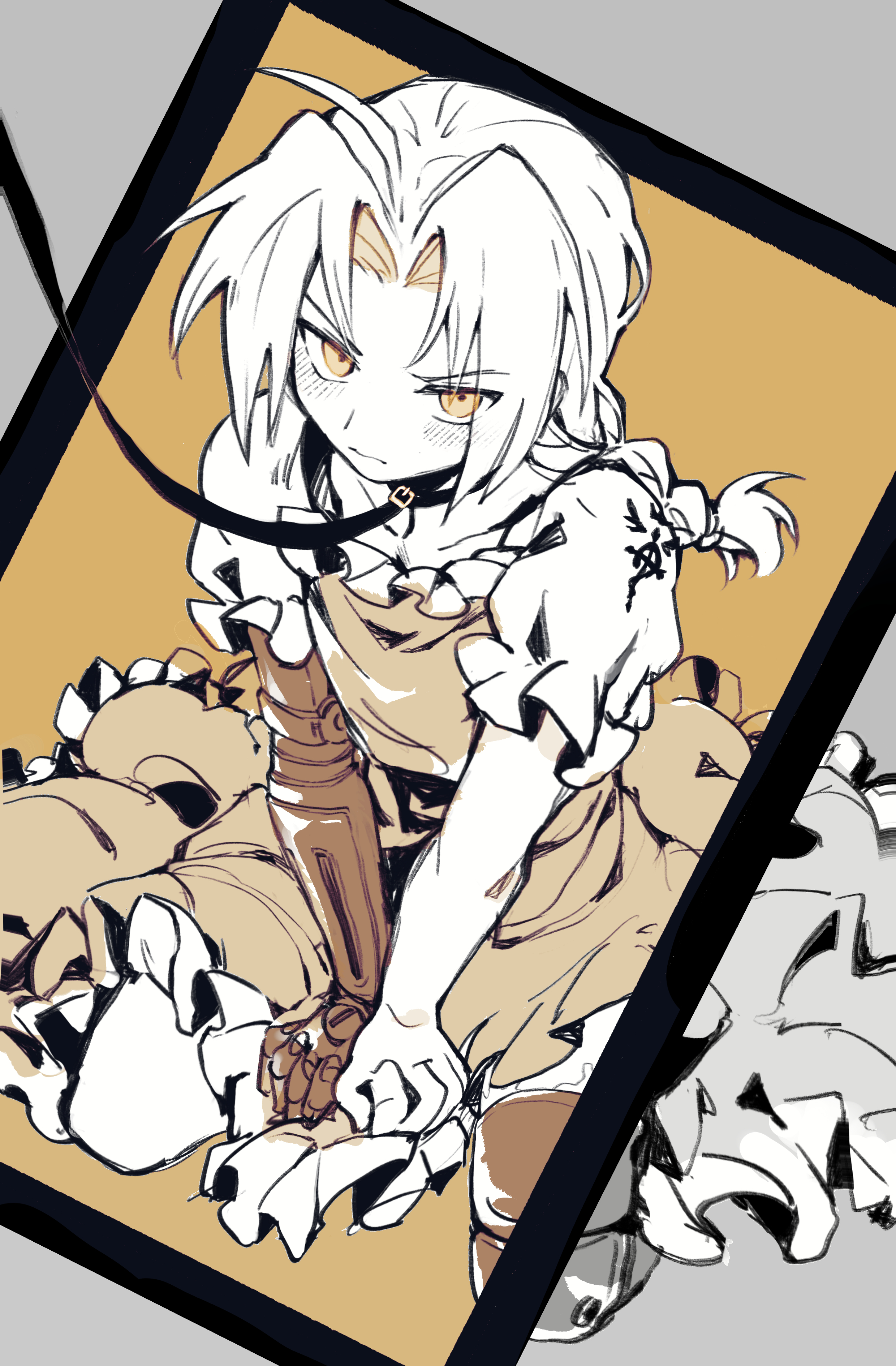 xue ezi, edward elric, fullmetal alchemist, absurdres, chinese commentary, commentary request, highres, 1boy, braid, closed mouth, crossdressing, crossdressing (mtf), dress, frilled dress, frills, full body, gloves, leash, long hair, male focus, monochrome, parted bangs, short sleeves, single glove, sitting, solo, yellow eyes