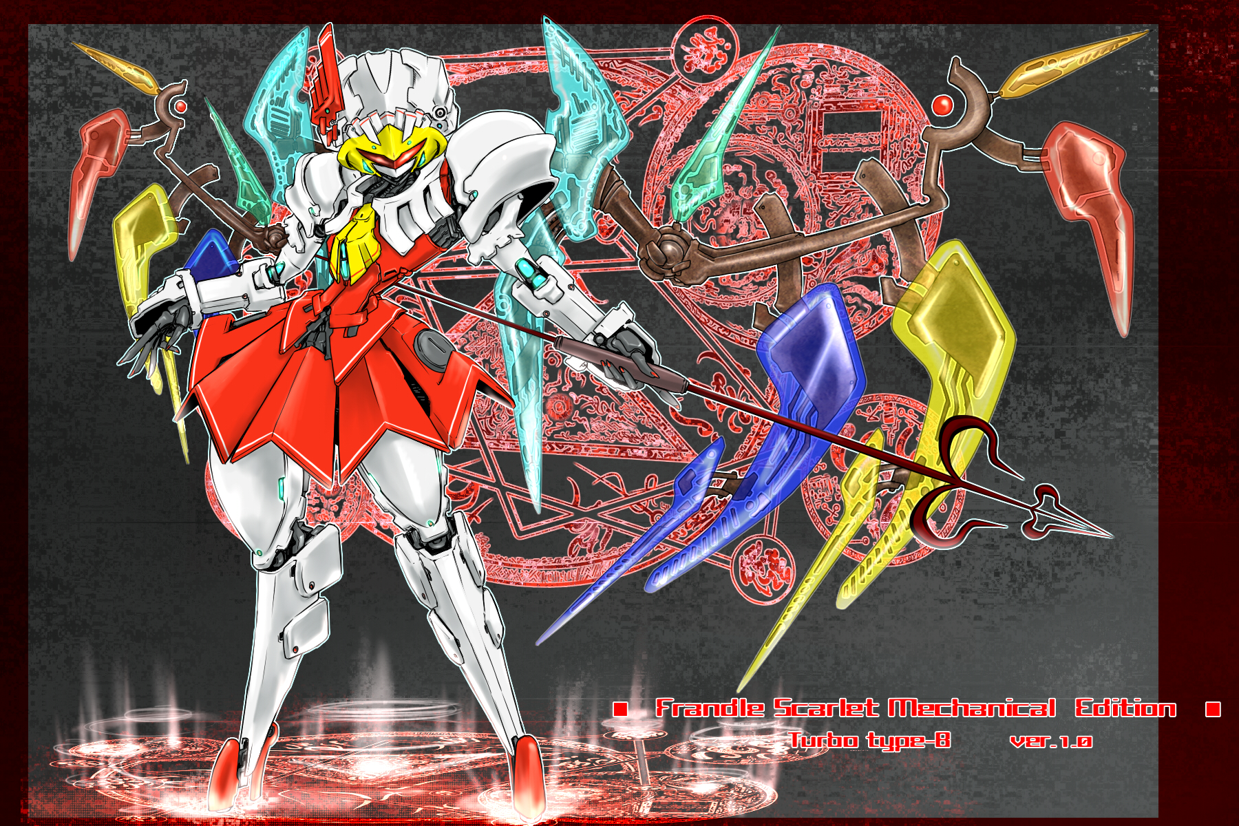 ledjoker07, flandre scarlet, touhou, highres, 1girl, armor, blonde hair, character name, crystal, female focus, full body, holding, holding weapon, magical girl, mecha, mechanical wings, mechanization, polearm, robot, solo, spear, standing, weapon, wings