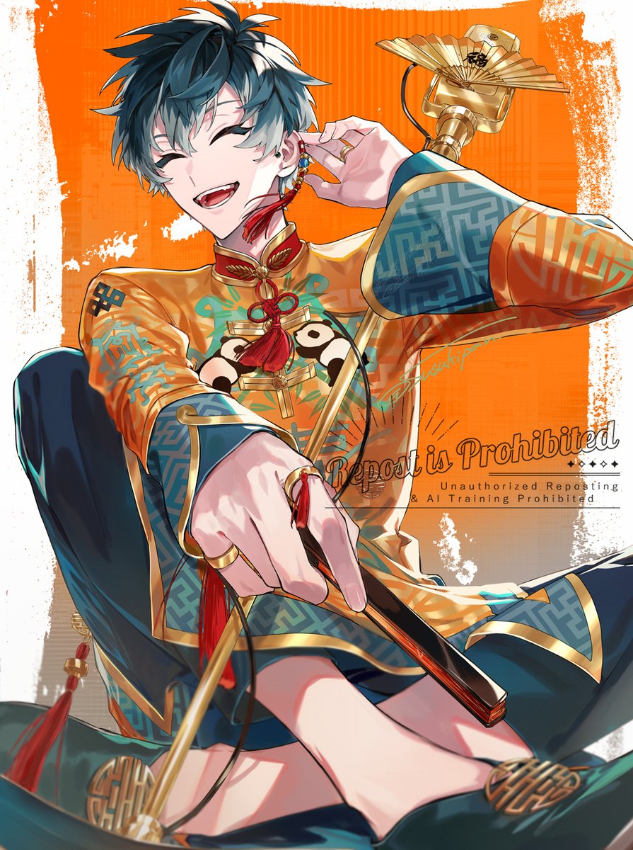 original, commentary, highres, symbol-only commentary, 1boy, :d, ^ ^, border, closed eyes, double-parted bangs, full body, green hair, green pants, green shoes, hair between eyes, hand up, long sleeves, male focus, no socks, open mouth, orange background, outside border, pants, shirt, shoes, short hair, sitting, smile, staff, susukipan, watermark, white border, yellow shirt