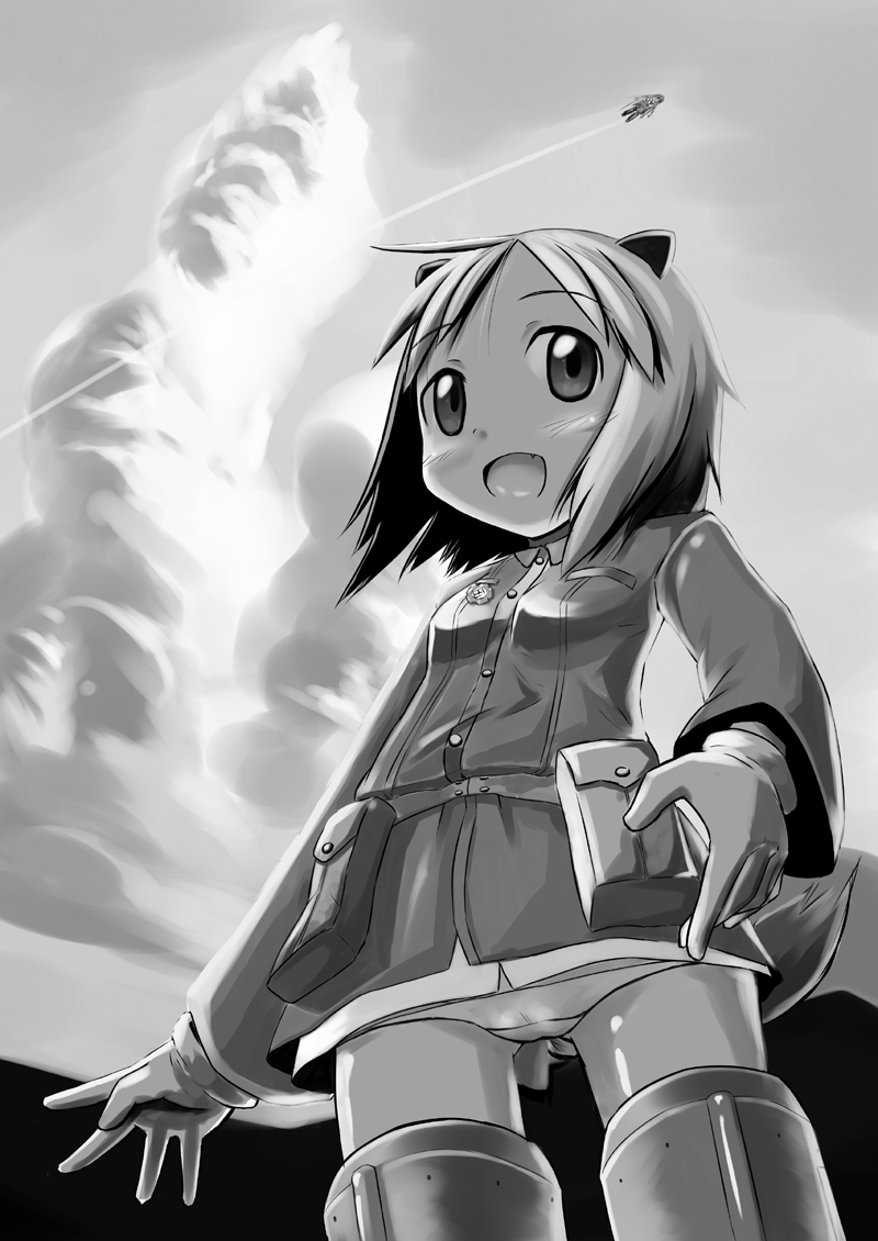 ashida ichirou, ichirou (hajimari), elma leivonen, strike witches, strike witches: suomus misfits squadron, world witches series, bad id, bad pixiv id, 00s, 1girl, animal ears, female focus, greyscale, military, military uniform, monochrome, open mouth, panties, panties under pantyhose, pantyhose, solo, striker unit, tail, underwear