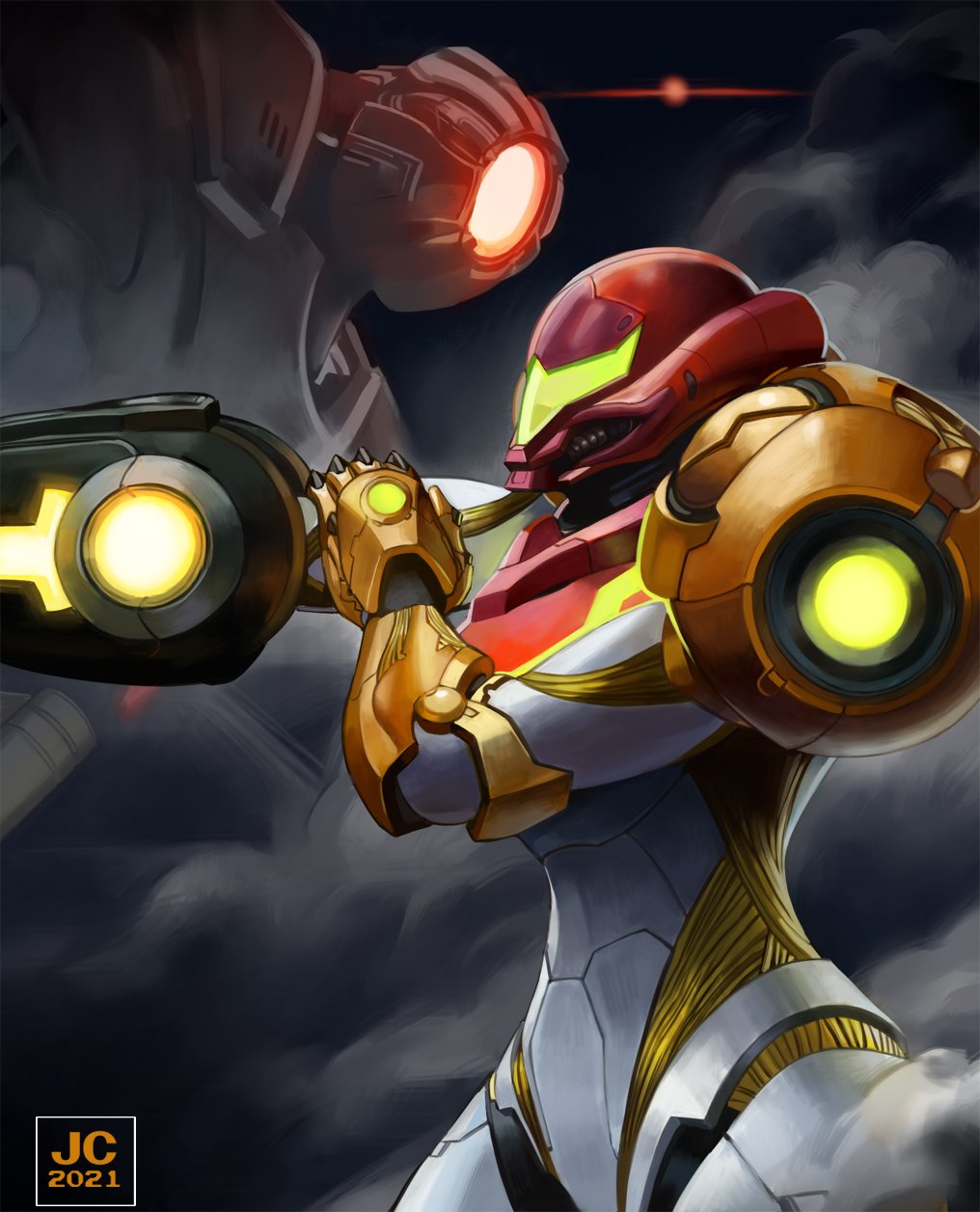 overlord jc, e.m.m.i. (metroid), metroid, metroid dread, nintendo, highres, 1girl, 2021, aiming, ambiguous gender, arm cannon, armor, assault visor, dust cloud, glowing, glowing eye, green visor, hand up, outstretched arm, power armor, power suit (metroid), robot, science fiction, smoke, upper body, weapon