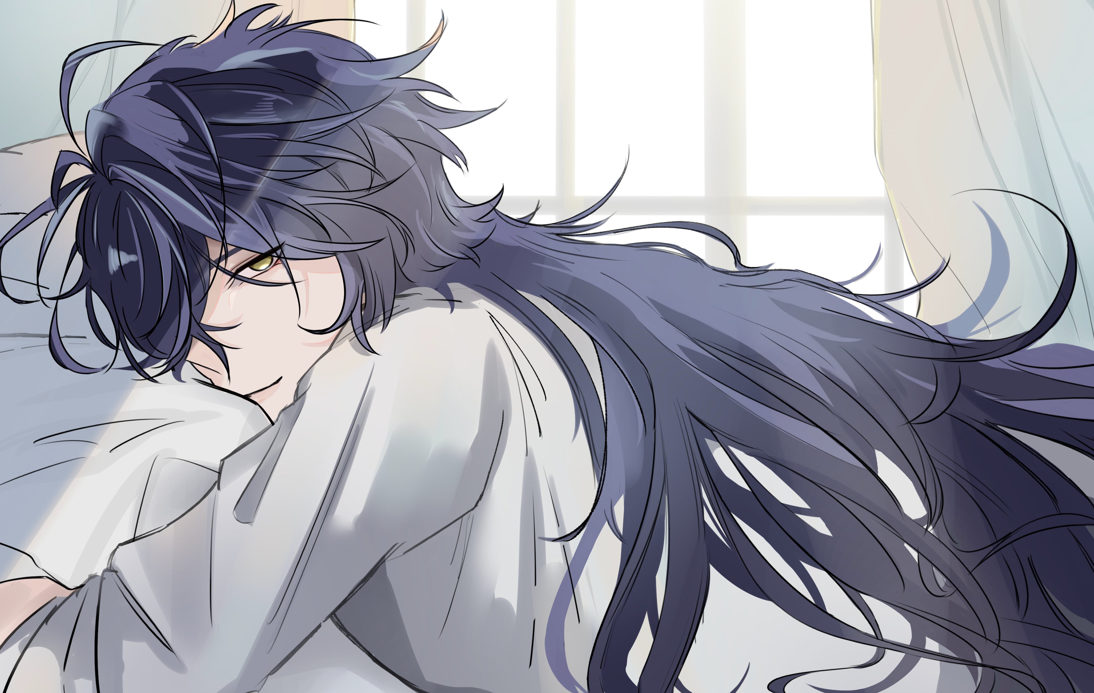 flins (genshin impact), genshin impact, absurdres, highres, 1boy, blue hair, closed mouth, curtains, looking at viewer, lying, messy hair, ochazuke 17, one eye covered, pillow, shirt, solo, white shirt, window, yellow eyes