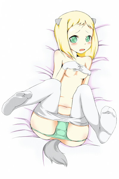 buriteri, elma leivonen, strike witches, strike witches: suomus misfits squadron, world witches series, bad id, bad pixiv id, 00s, 1girl, animal ears, blonde hair, blush, breasts, covering breasts, covering privates, feet, female focus, gloves, green eyes, green panties, legs up, lying, medium breasts, no shoes, on back, open mouth, panties, pantyhose, short hair, solo, tail, topless female, underwear, white pantyhose