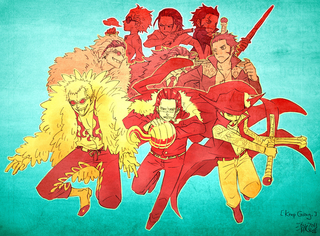 che (cyan crown), crocodile (one piece), donquixote doflamingo, dracule mihawk, one piece, 3boys, aged down, cigar, coat, coat on shoulders, feather cape, full body, goggles, goggles on head, gun, hair slicked back, holding, holding gun, holding sword, holding weapon, hook hand, leg hair, looking at viewer, male focus, multiple boys, short hair, sideburns, signature, smoke, stitched face, stitches, sunglasses, sword, weapon