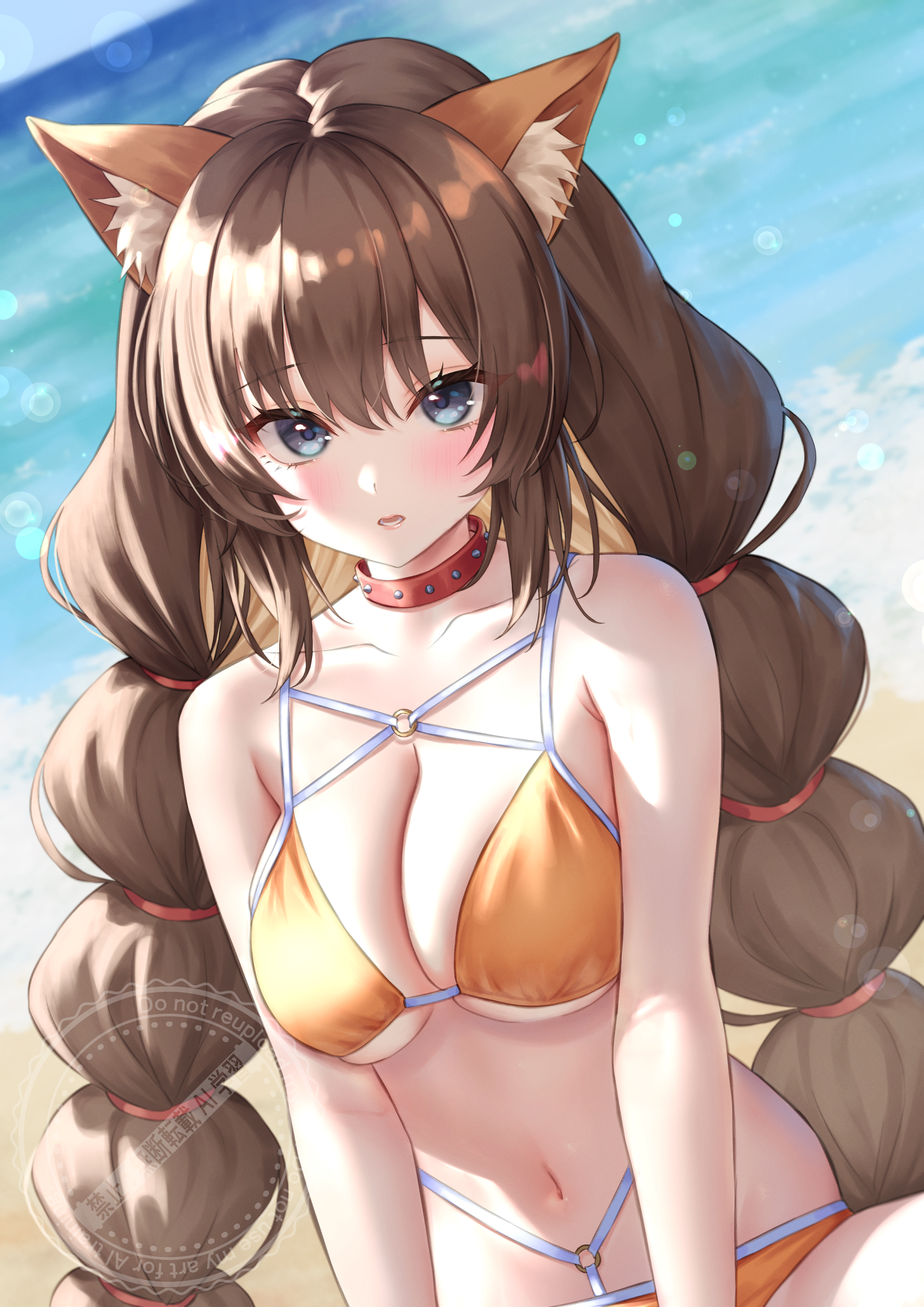 mary is mine, original, absurdres, commission, highres, skeb commission, 1girl, animal ears, beach, blue eyes, blush, brown hair, collar, dappled sunlight, long hair, looking at viewer, navel, ocean, open mouth, ponytail, spiked collar, spikes, stomach, sunlight, swimsuit, very long hair, water, watermark