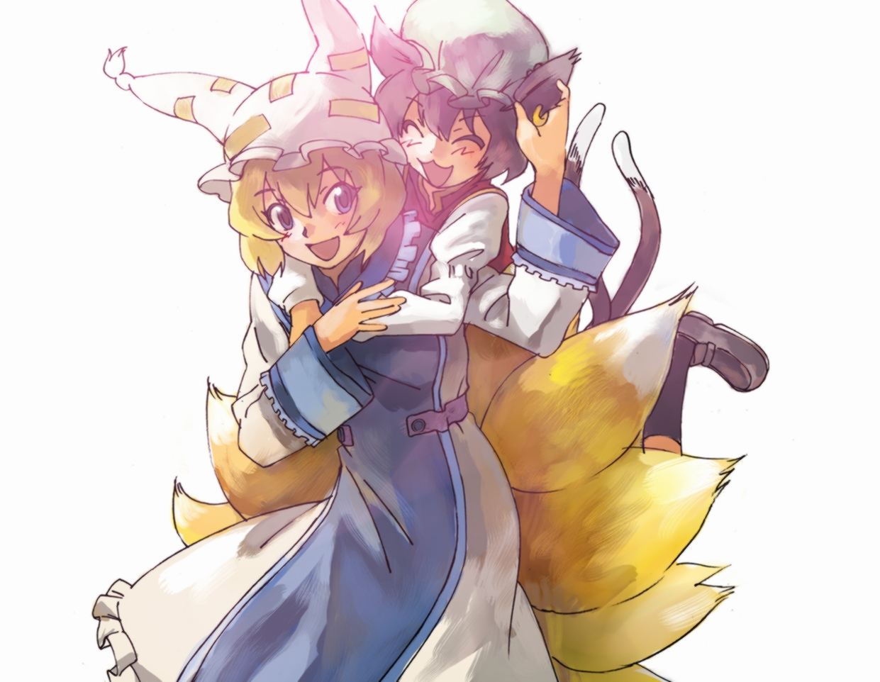 desuran, chen, yakumo ran, touhou, bad id, bad pixiv id, 2girls, :3, dress, female focus, hat, hug, multiple girls, simple background, white background