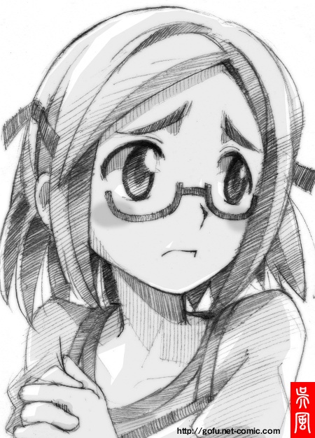 gofu, oozora ako, kaidan restaurant, eyebrows, traditional media, 00s, glasses, greyscale, monochrome, sketch, solo