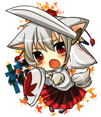 kapuchii, inubashiri momiji, touhou, bad id, bad pixiv id, lowres, 1girl, animal ears, chibi, fang, female focus, hat, solo, sword, weapon, wolf ears