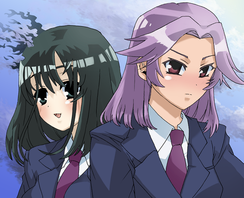 yanazuri (kimossari337), kajiki yumi, touyoko momoko, saki (manga), bad id, bad pixiv id, 00s, 2girls, black hair, green eyes, multiple girls, purple eyes, purple hair, school uniform