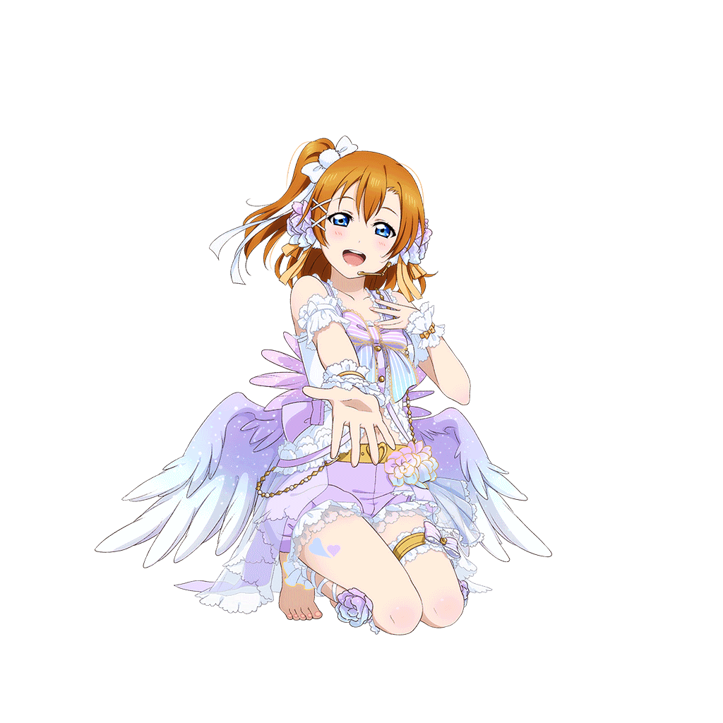 kosaka honoka, love live!, love live! school idol festival, love live! school idol project, official art, 1girl, :d, angel, angel wings, back bow, belt, blue eyes, blush, bow, center frills, chest bow, detached sleeves, double-parted bangs, feathered wings, flower, flower on leg, frilled shorts, frilled thigh strap, frilled wrist cuffs, frills, gold belt, gradient flower, gradient wings, hair flower, hair ornament, hair ribbon, hand on own chest, headset, heart, heart tattoo, kneeling, lace-up legwear, leg ribbon, leg tattoo, low wings, medium hair, midriff peek, multicolored wings, official alternate costume, one side up, open mouth, orange hair, outstretched arm, pom pom (clothes), pom pom hair ornament, puffy shorts, purple shorts, ribbon, see-through clothes, see-through overskirt, see-through skirt, shorts, skirt, sleeveless, smile, tank top, tattoo, teeth, thigh strap, transparent background, upper teeth only, white bow, white day (love live!), white ribbon, wings, wrist cuffs, x hair ornament
