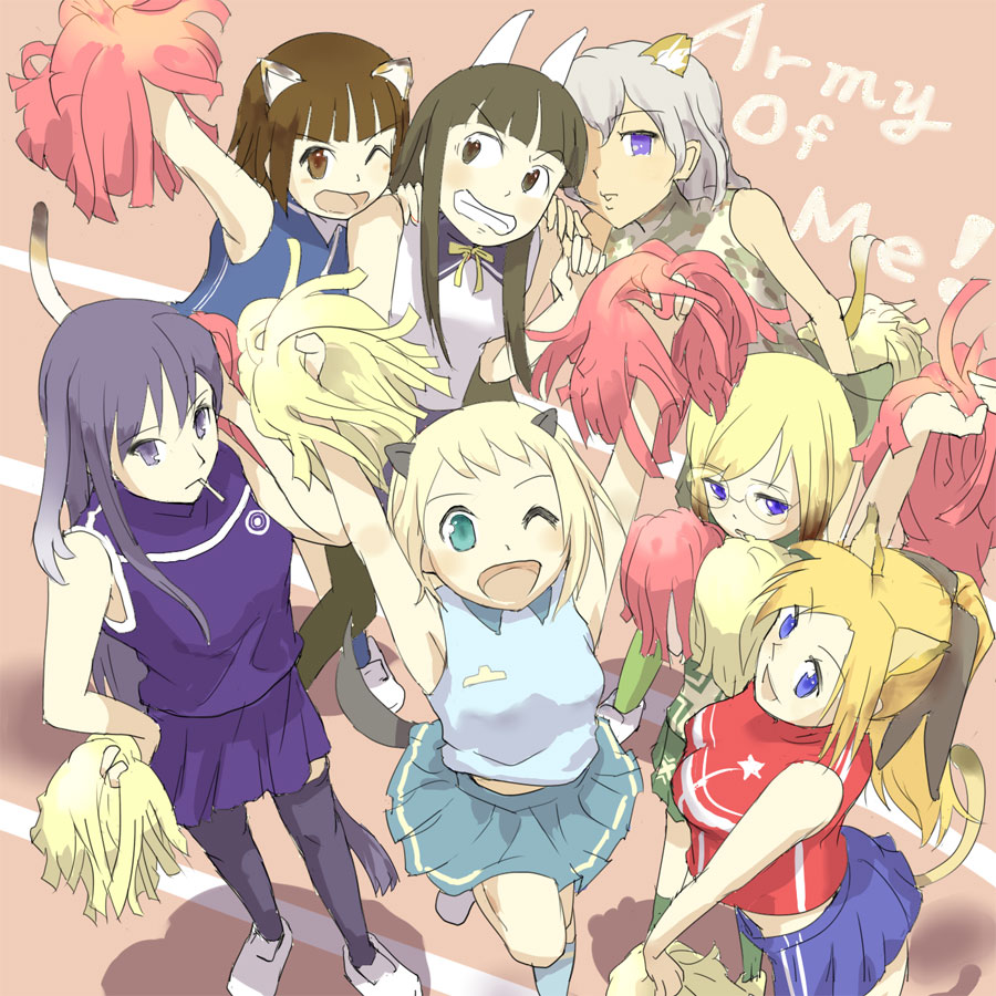 puakachan, puuakachan, anabuki tomoko, elizabeth f. beurling, elma leivonen, giuseppina ciuinni, katharine o'hare, sakomizu haruka, ursula hartmann, strike witches, strike witches: suomus misfits squadron, world witches series, hands on shoulders, 00s, 6+girls, angry, animal ears, black hair, blonde hair, blue eyes, bob cut, brown eyes, brown hair, cat ears, cat tail, cheering, cheerleader, cigarette, dog ears, dog tail, english text, fox ears, fox tail, glasses, grey hair, hands on own hips, long hair, multiple girls, pantyhose, pom pom (cheerleading), purple eyes, ribbon, short hair, star (symbol), tail, thighhighs, track and field