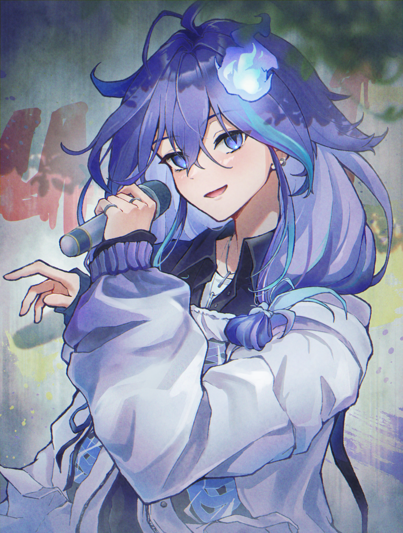 suama (haruichi), minase rio, minase rio (1st costume), holostars, highres, revision, 1boy, androgynous, blue hair, blush, earrings, gradient clothes, gradient jacket, hair between eyes, holding, holding microphone, jacket, jewelry, long hair, long sleeves, looking at viewer, male focus, microphone, multiple rings, necklace, open mouth, purple eyes, purple hair, ring, smile, solo, upper body, virtual youtuber