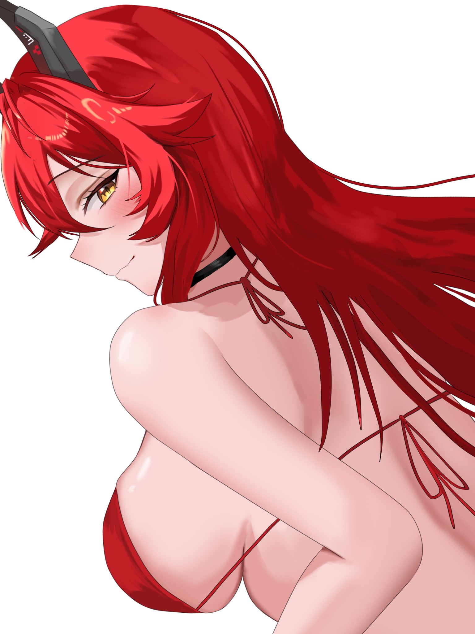 red hood (nikke), goddess of victory: nikke, highres, alternate costume, antenna hair, bikini, black choker, blush, breasts, choker, from behind, halterneck, horns, large breasts, long hair, looking at viewer, looking back, red bikini, red hair, simple background, smile, swimsuit, tato0324iti, white background, yellow eyes