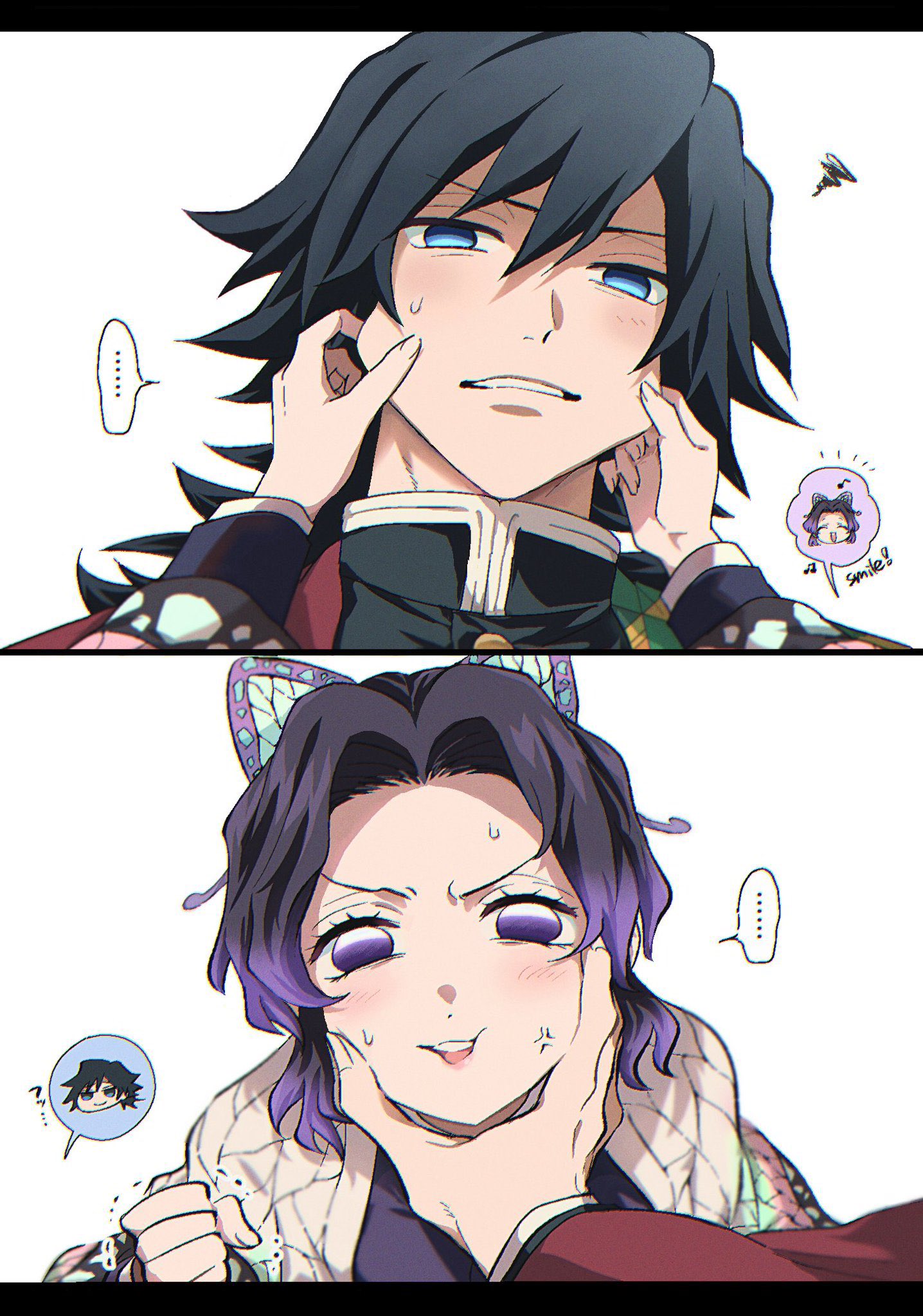 kochou shinobu, tomioka giyuu, kimetsu no yaiba, highres, 1girl, anger vein, black hair, blush, butterfly hair ornament, cheek bulge, demon slayer uniform, hair ornament, hands up, haori, japanese clothes, long hair, long sleeves, looking at viewer, ninmari, parted bangs, parted lips, purple eyes, purple hair, short hair, simple background, spoken character, squiggle, sweatdrop, teeth, white background
