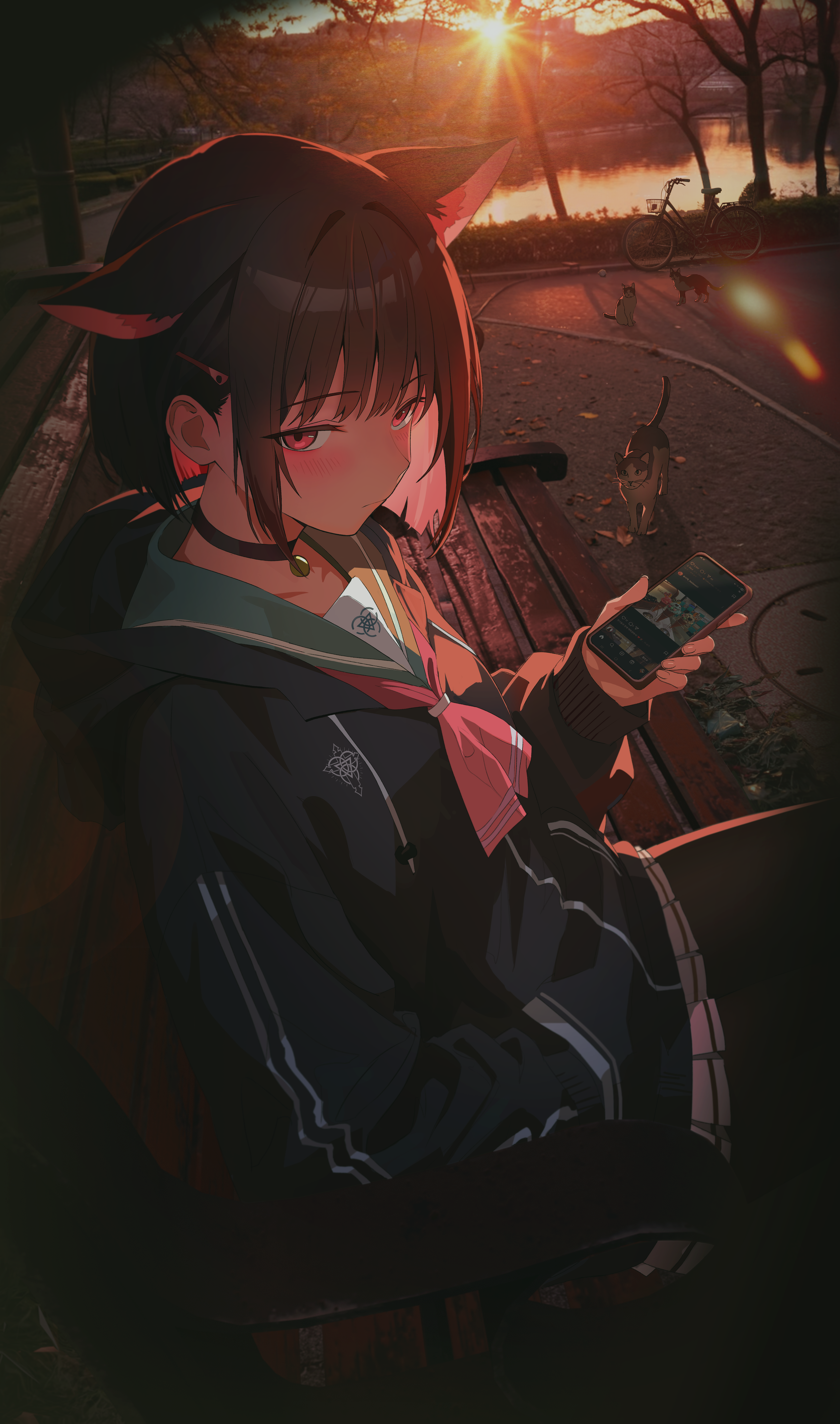 blueland, kazusa (blue archive), blue archive, absurdres, highres, 1girl, animal ears, backlighting, bench, bicycle, black hair, blush, cat, cat ears, cat girl, cellphone, hair ornament, looking at viewer, on bench, park bench, phone, photo background, red eyes, scenery, school uniform, short hair, sitting, smartphone, solo